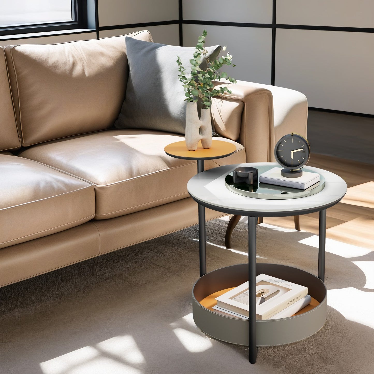 Distinctive Round Side Table Sintered Stone-top Leather Storage Accent Table