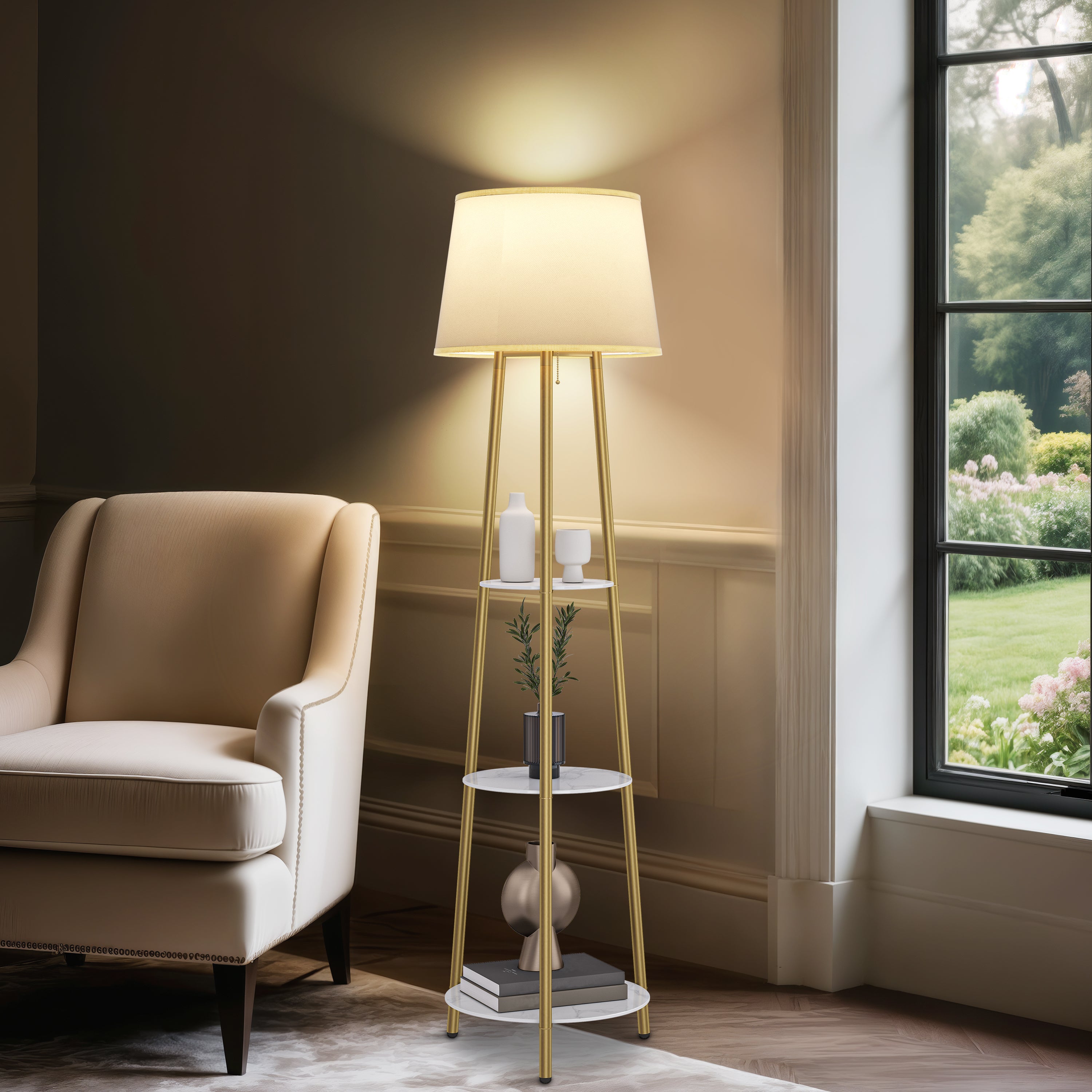 Tripod Led Floor Lamp: Modern Free Standing Floor Lamp with Sintered Stone Shelves