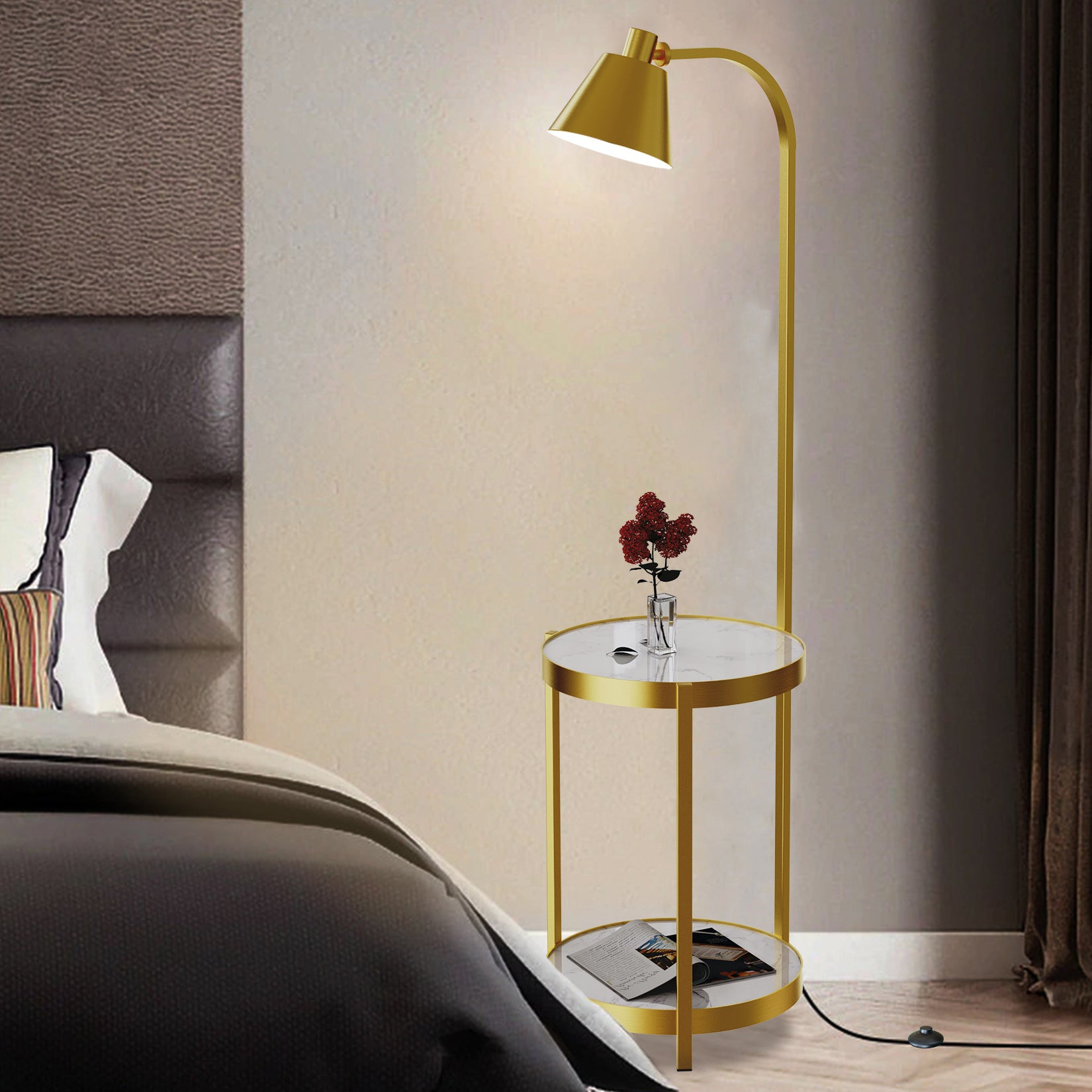 Tall Floor Lamp for Living Room, with 2-tier End Side Table Shelves Golden Iron Frame