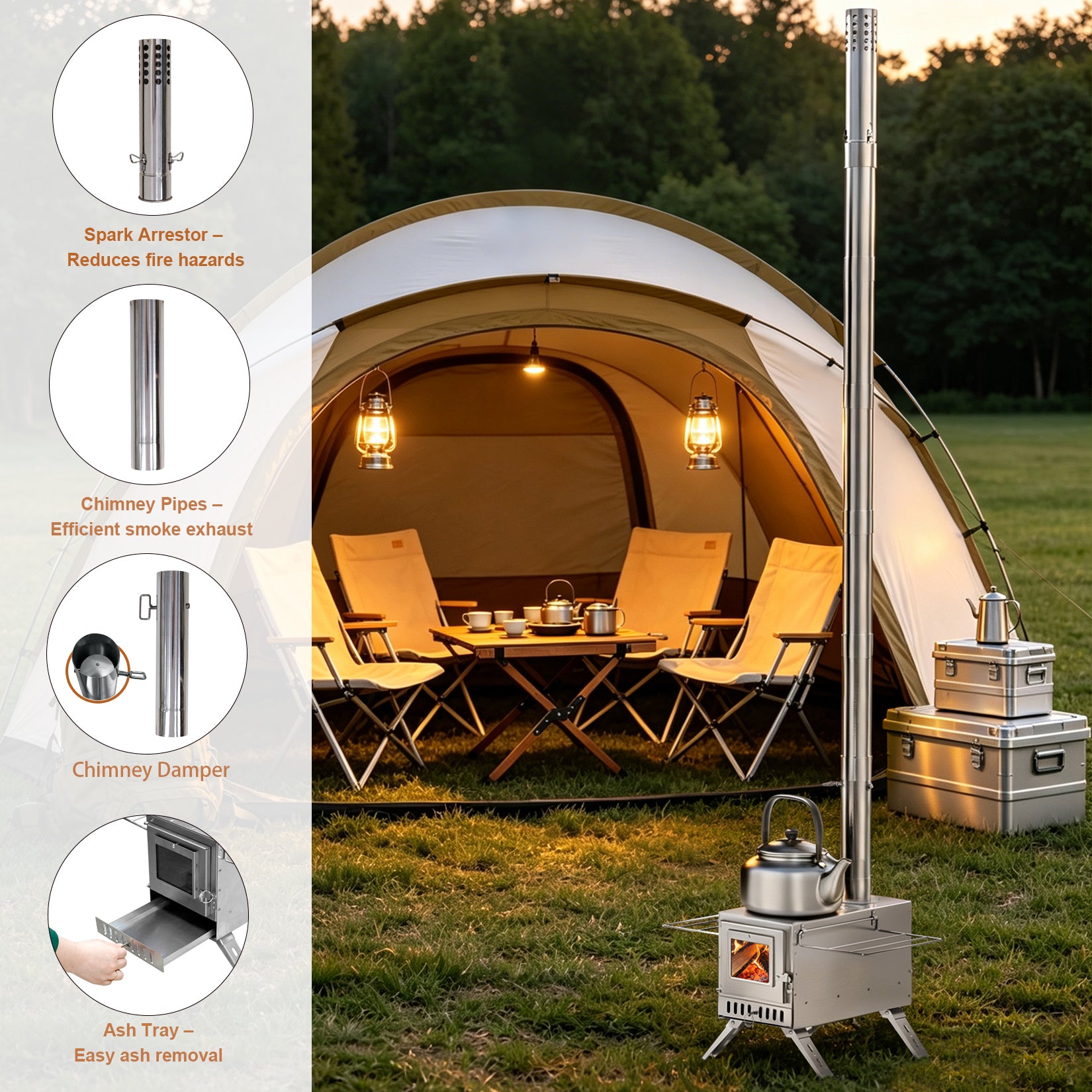 Wood Burning Sauna Stove Kit: 2 in 1 Portable Stainless Steel Heater Tent Stove for Outdoor Tents, Outdoor Sauna Hot Tent Stove with Chimney Pipes