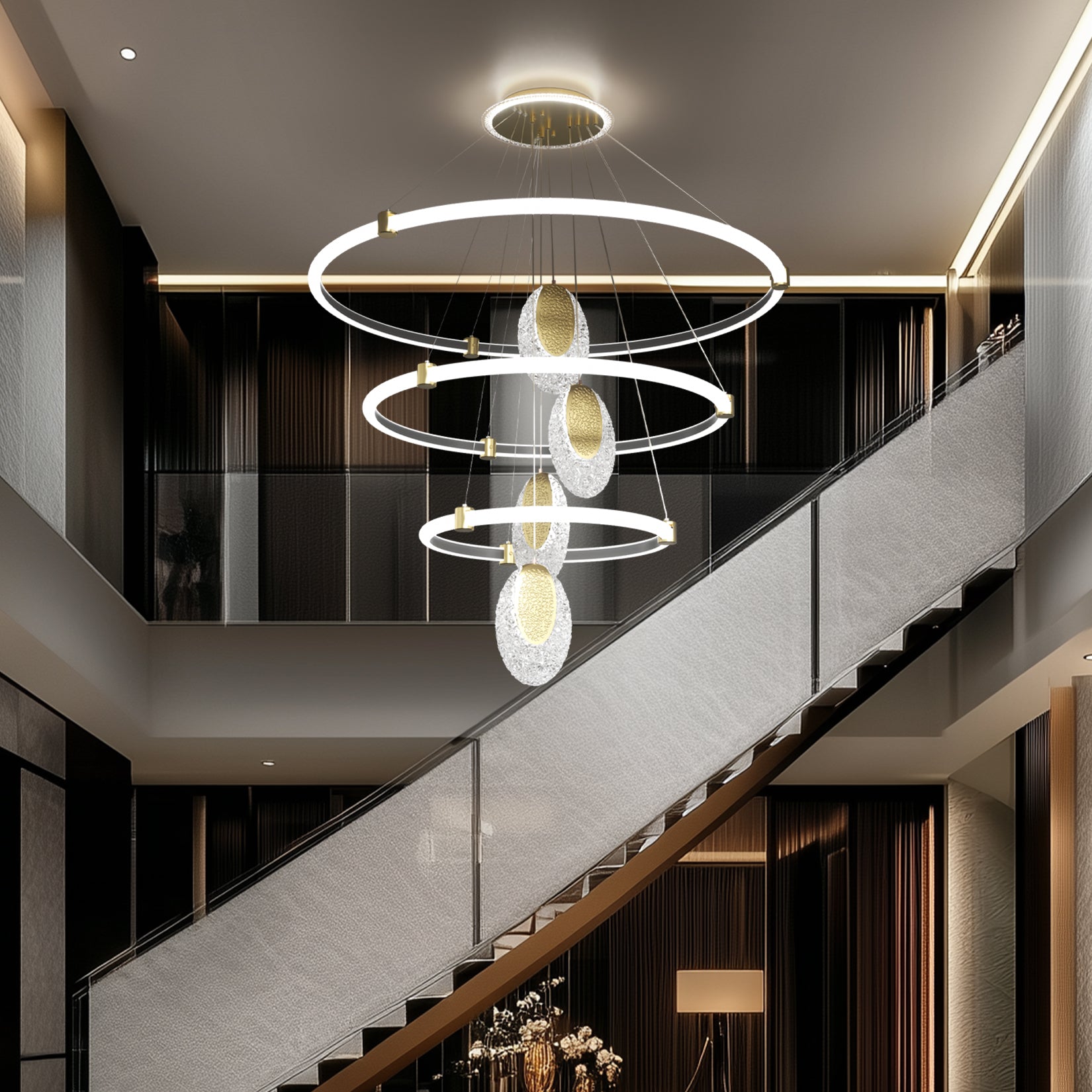 1-Layer/ 2-Layers/ 3-Layers Ceiling Chandelier Lamp with Acrylic Waterdrop Accents Round Circle Lamp Pendant Lighting Fixture