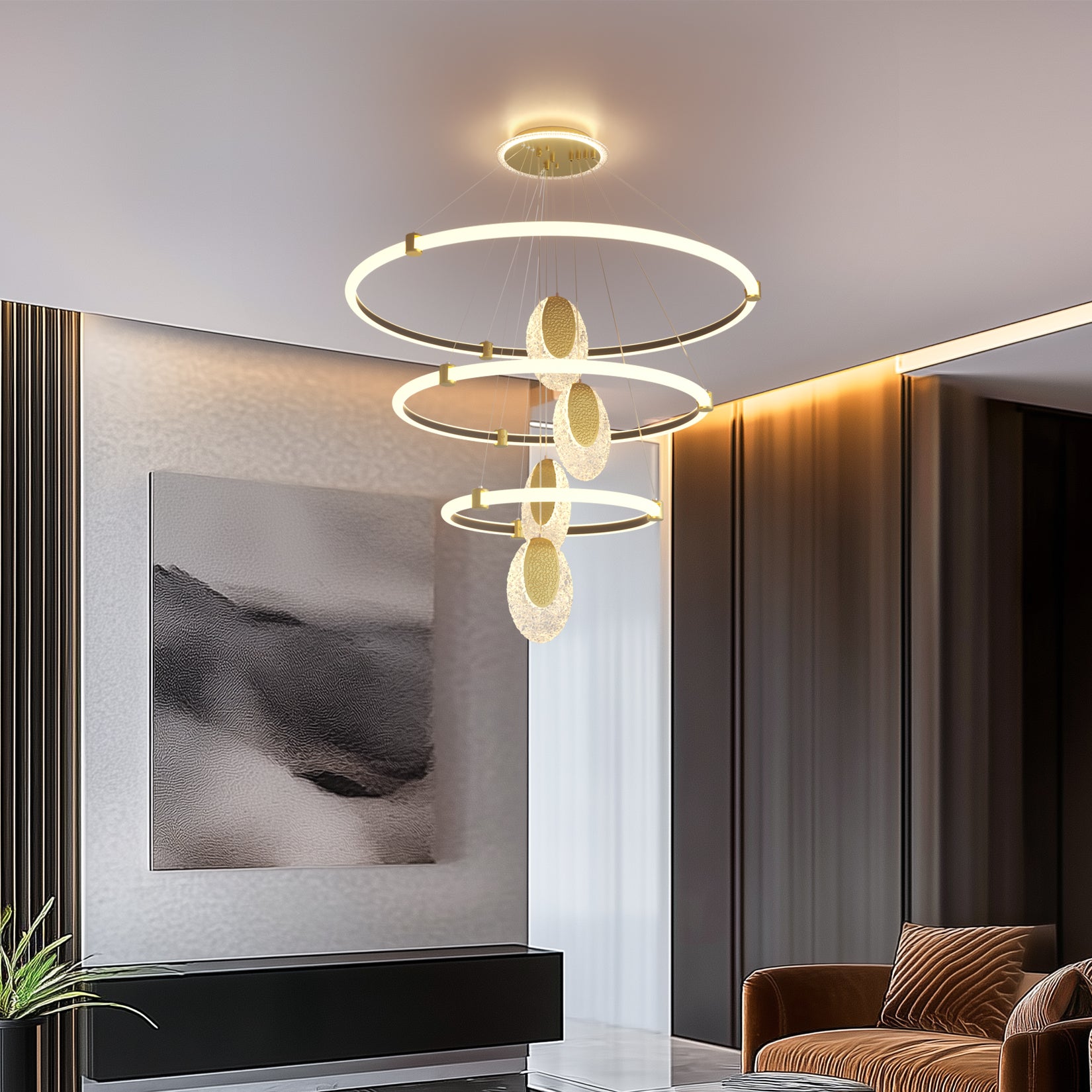 1-Layer/ 2-Layers/ 3-Layers Ceiling Chandelier Lamp with Acrylic Waterdrop Accents Round Circle Lamp Pendant Lighting Fixture