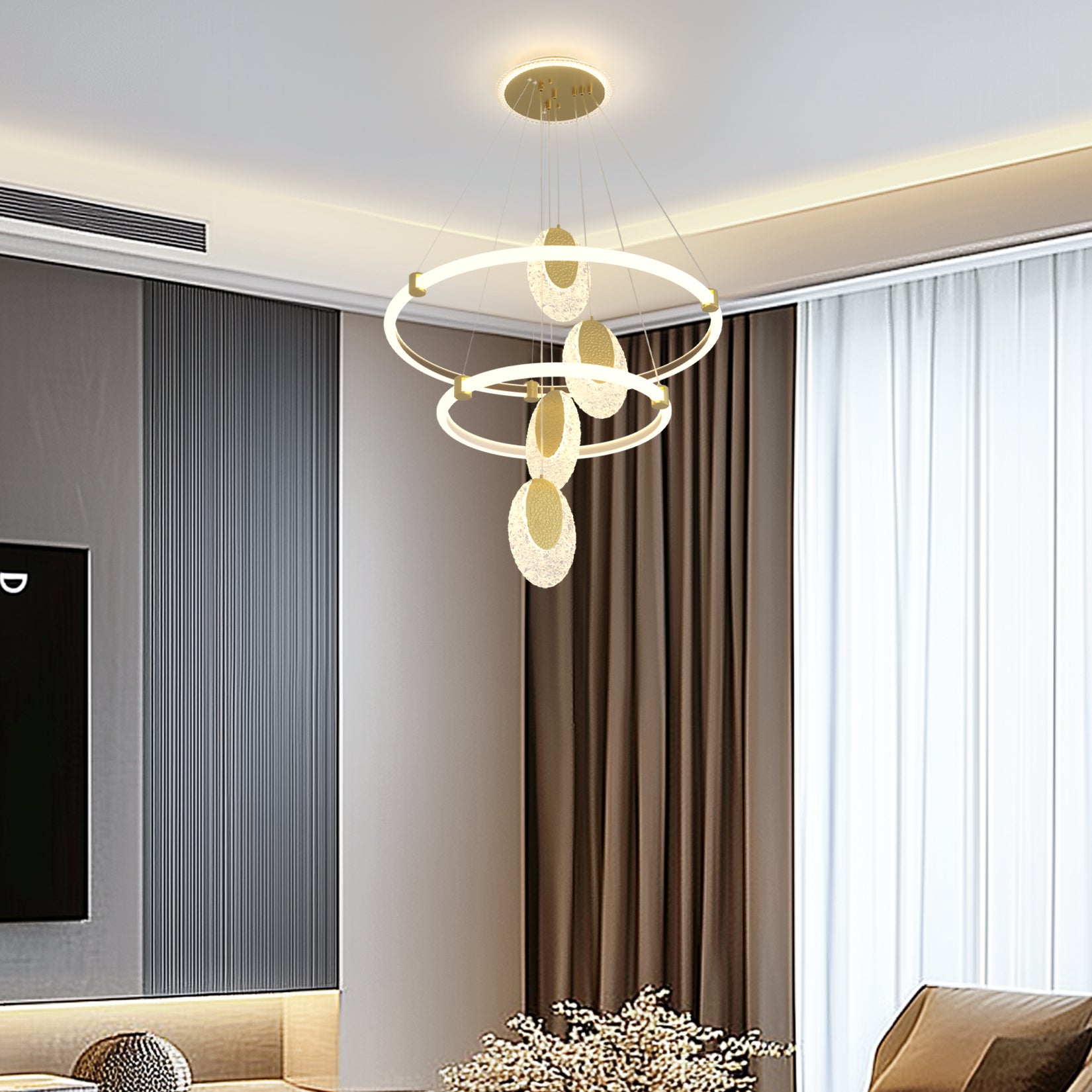 1-Layer/ 2-Layers/ 3-Layers Ceiling Chandelier Lamp with Acrylic Waterdrop Accents Round Circle Lamp Pendant Lighting Fixture