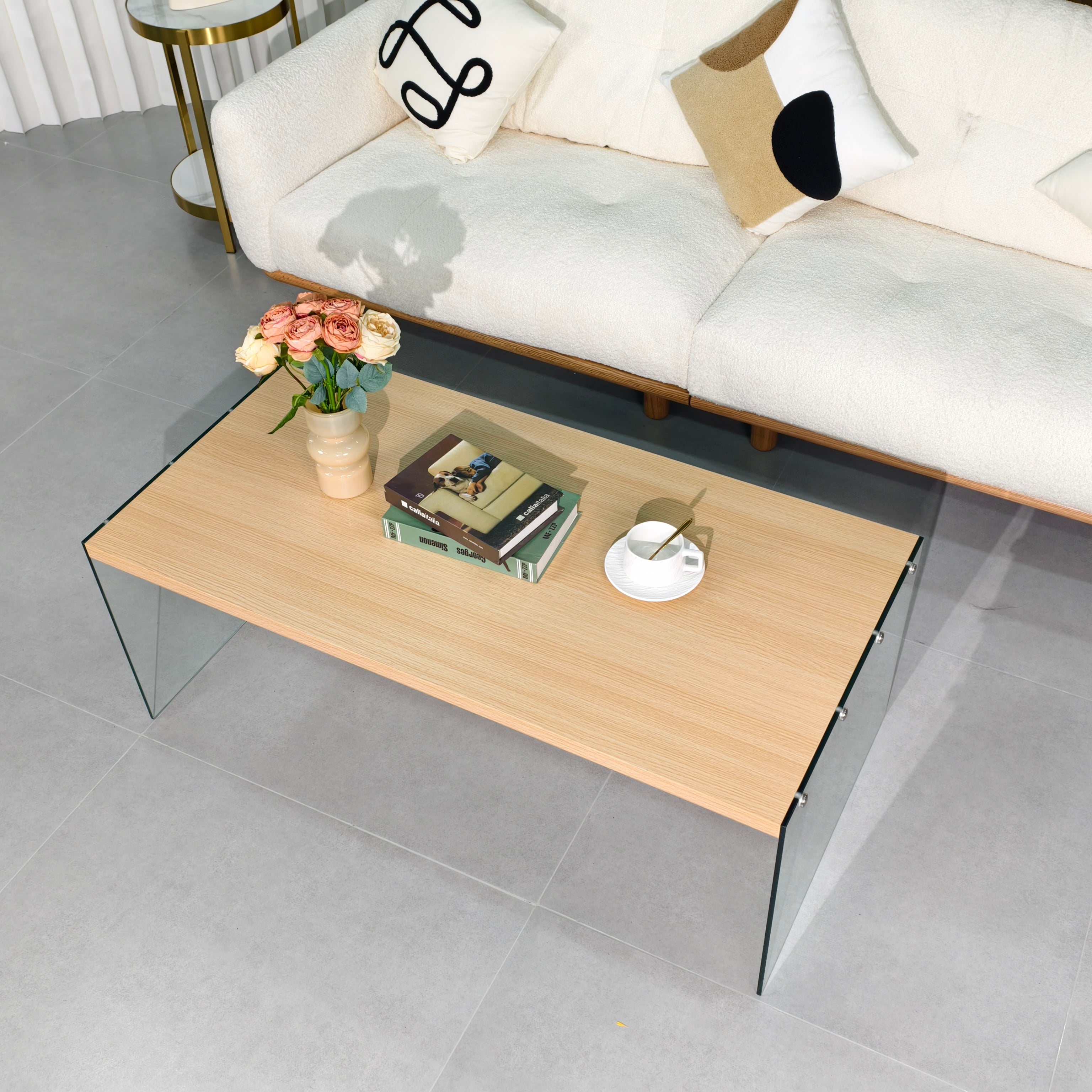 Rectangular Coffee Table: New Release Wood-tone MDF Coffee Table with Tempered Glass Legs