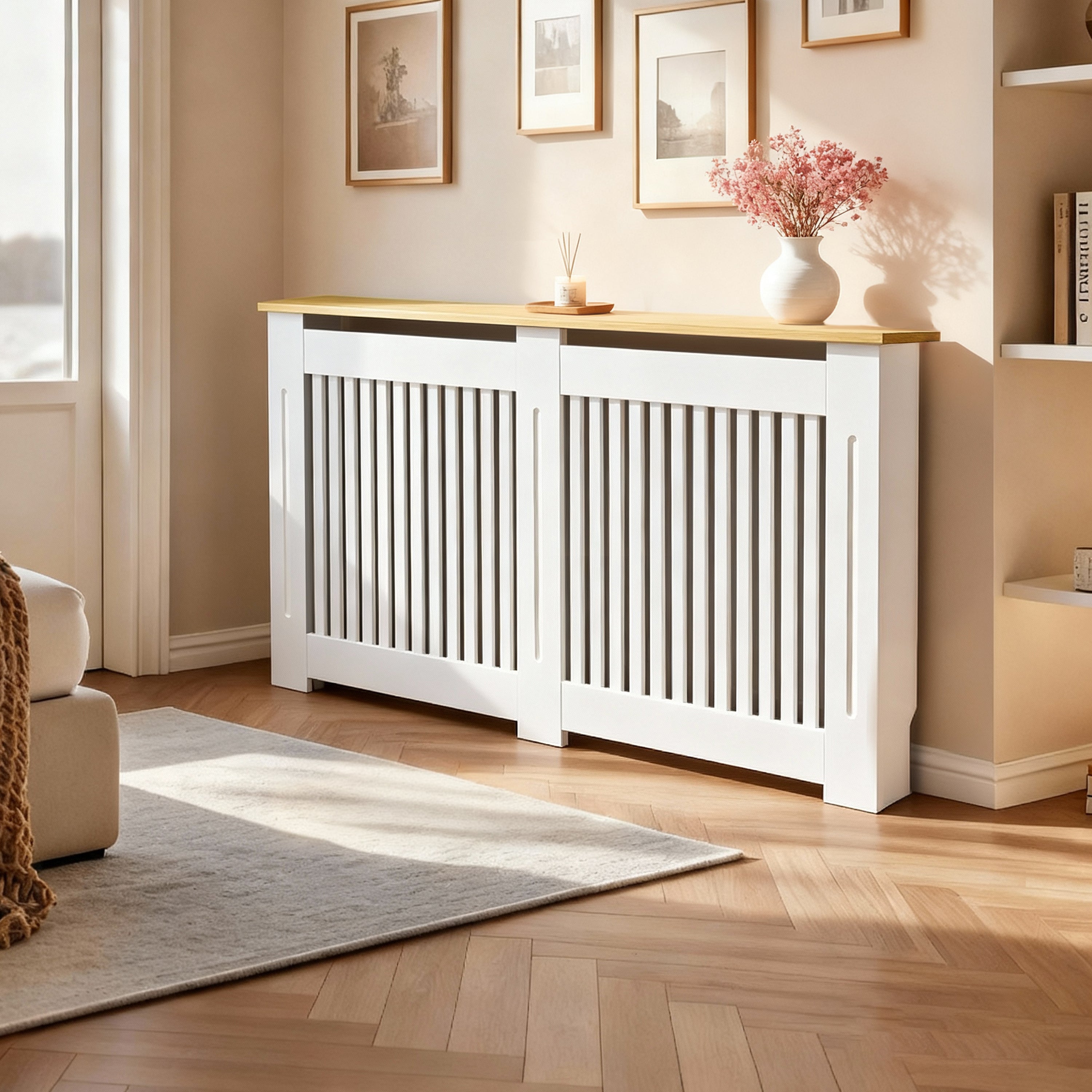 FATIVO Radiator Cover | Intenal Height 90.5cm | Vertical Slatted White Radiator Cover w/ Wood-grain Top, MDF Heater Cover