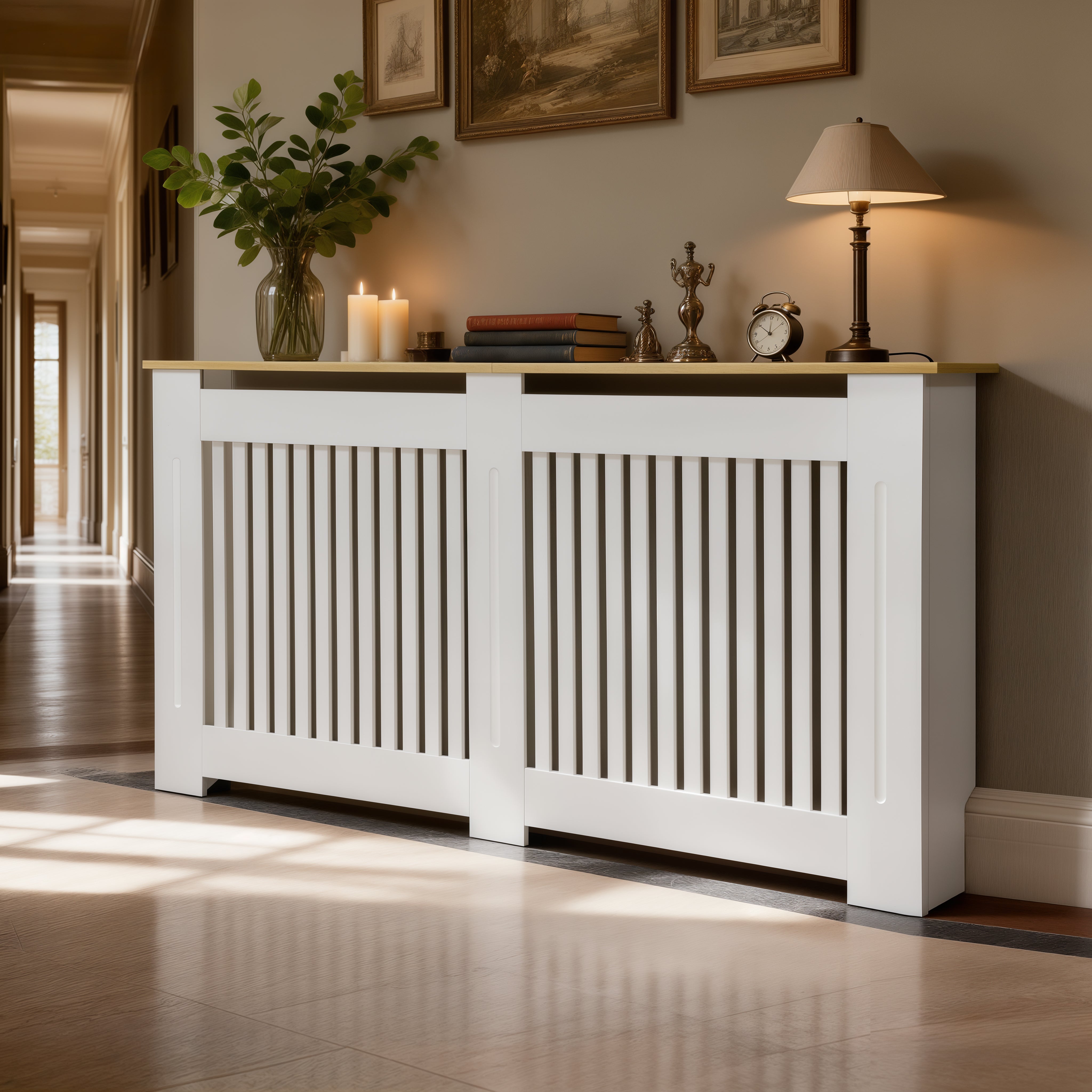 FATIVO Radiator Cover | Internal Height 81cm |  Vertical Slatted Heater Radiator Cover White MDF Radiator Cover with Wood Texture Nature Top for Living Room, Bedroom