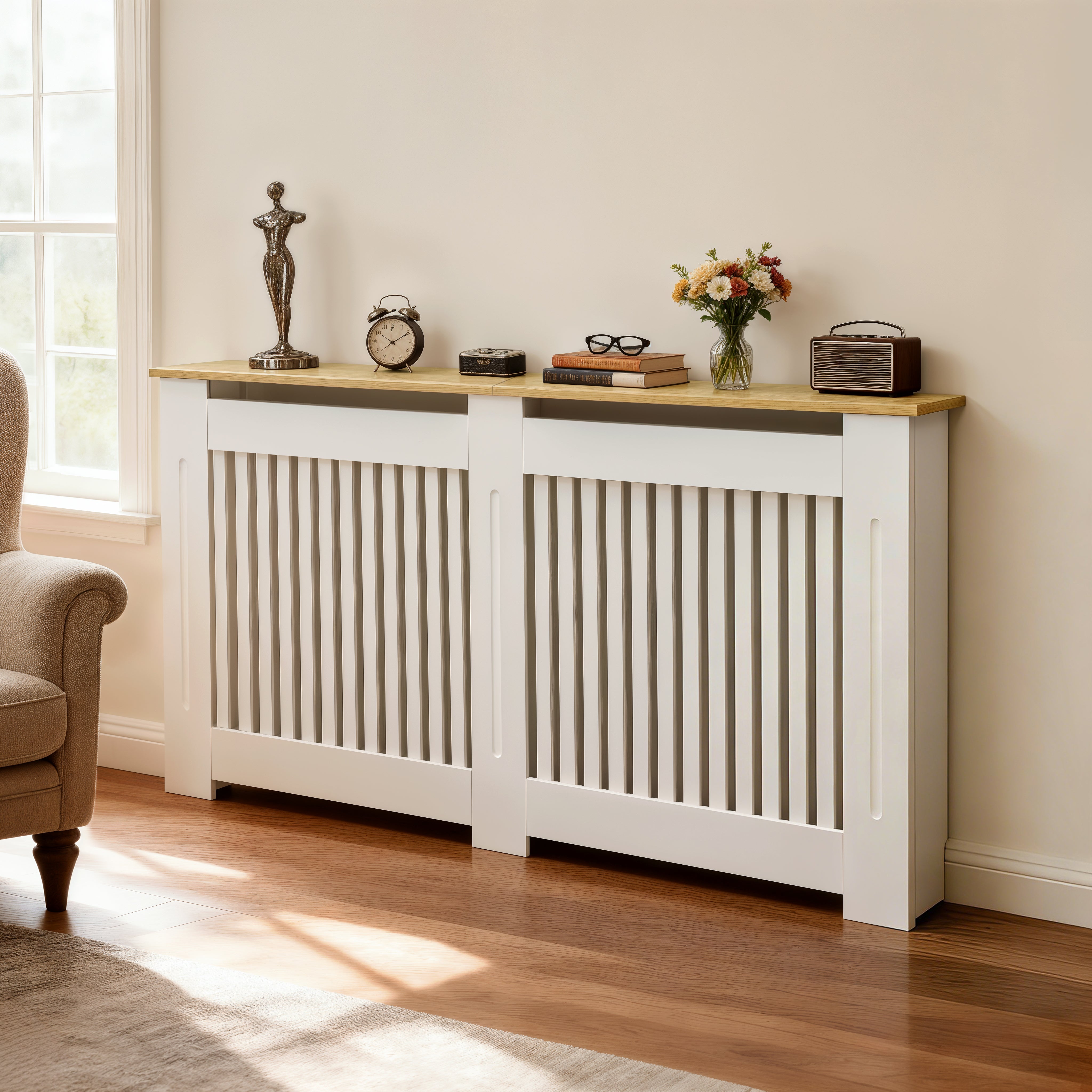 FATIVO Radiator Cover | Internal Height 81cm |  Vertical Slatted Heater Radiator Cover White MDF Radiator Cover with Wood Texture Nature Top for Living Room, Bedroom