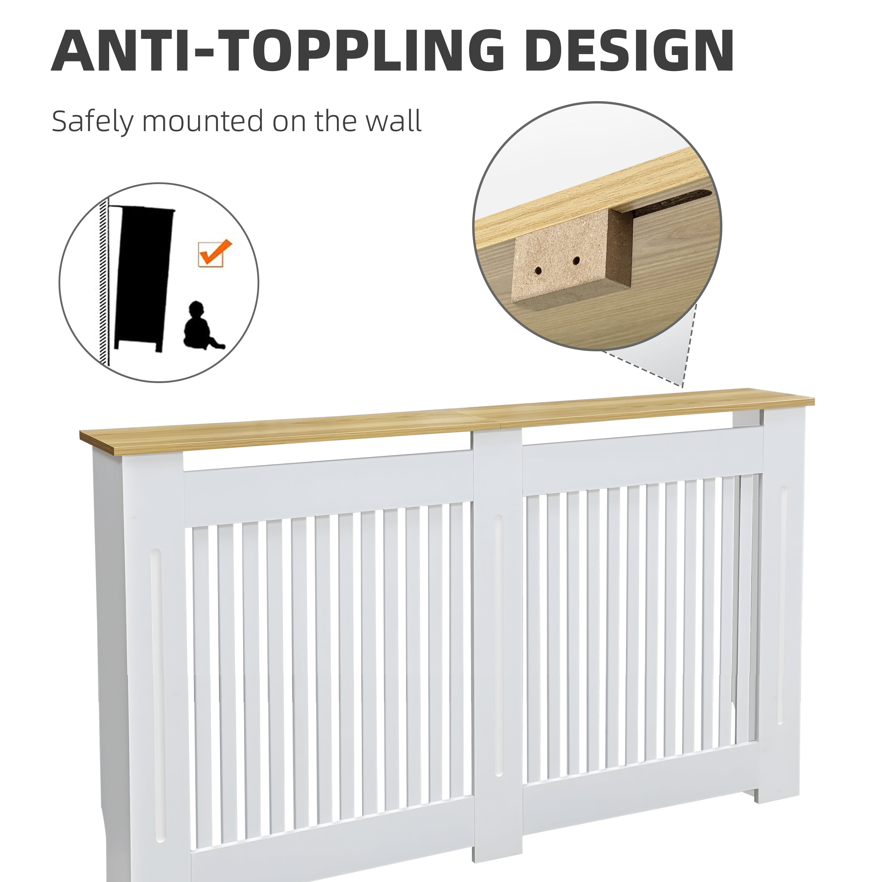 FATIVO Radiator Cover | Internal Height 81cm |  Vertical Slatted Heater Radiator Cover White MDF Radiator Cover with Wood Texture Nature Top for Living Room, Bedroom