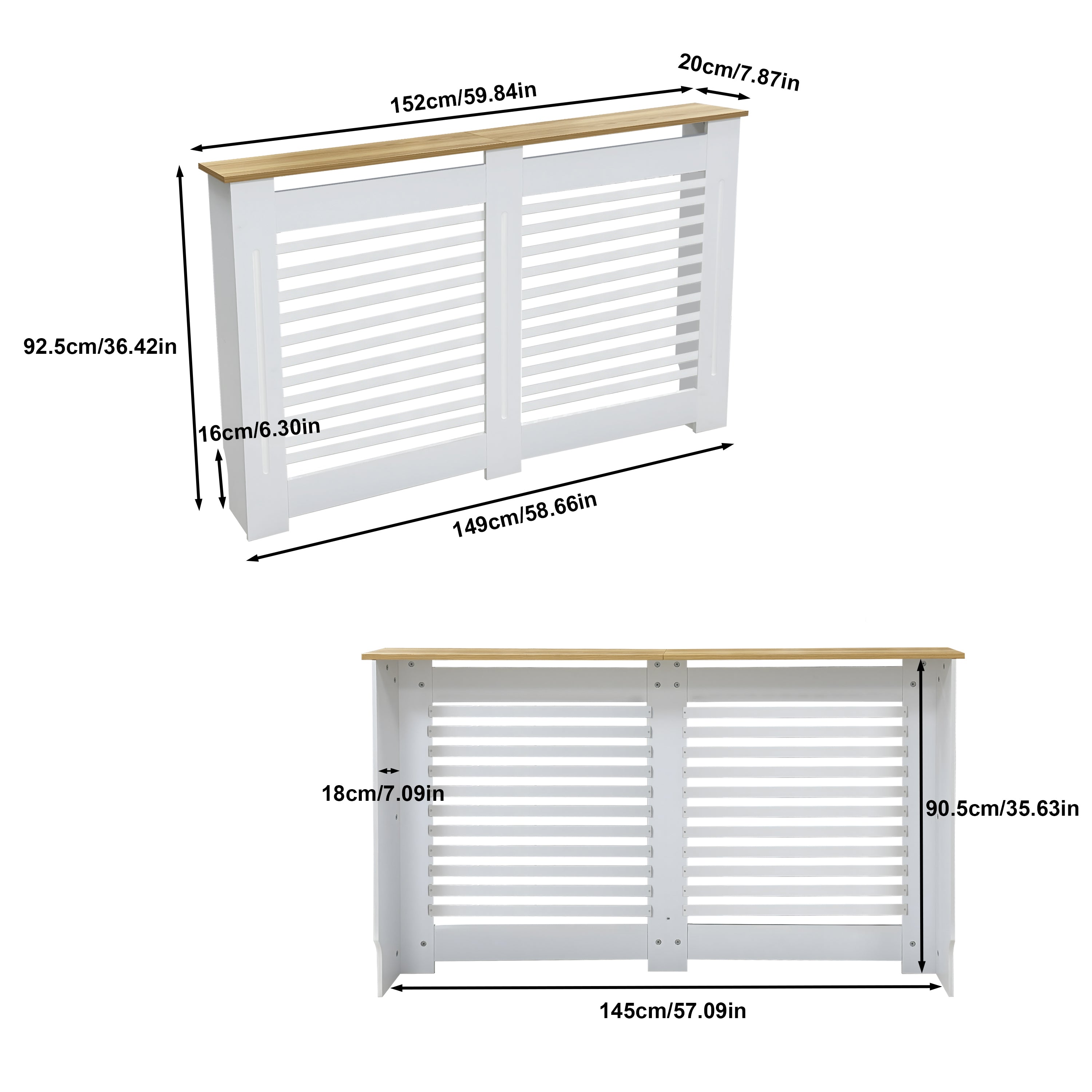 FATIVO Radiator Cover: Internal Height 90.5cm | Horizontal Slatted Radiator Cover with Natural Wood Texture Top, White MDF Wall Heater Cover for Old, Compact Radiators