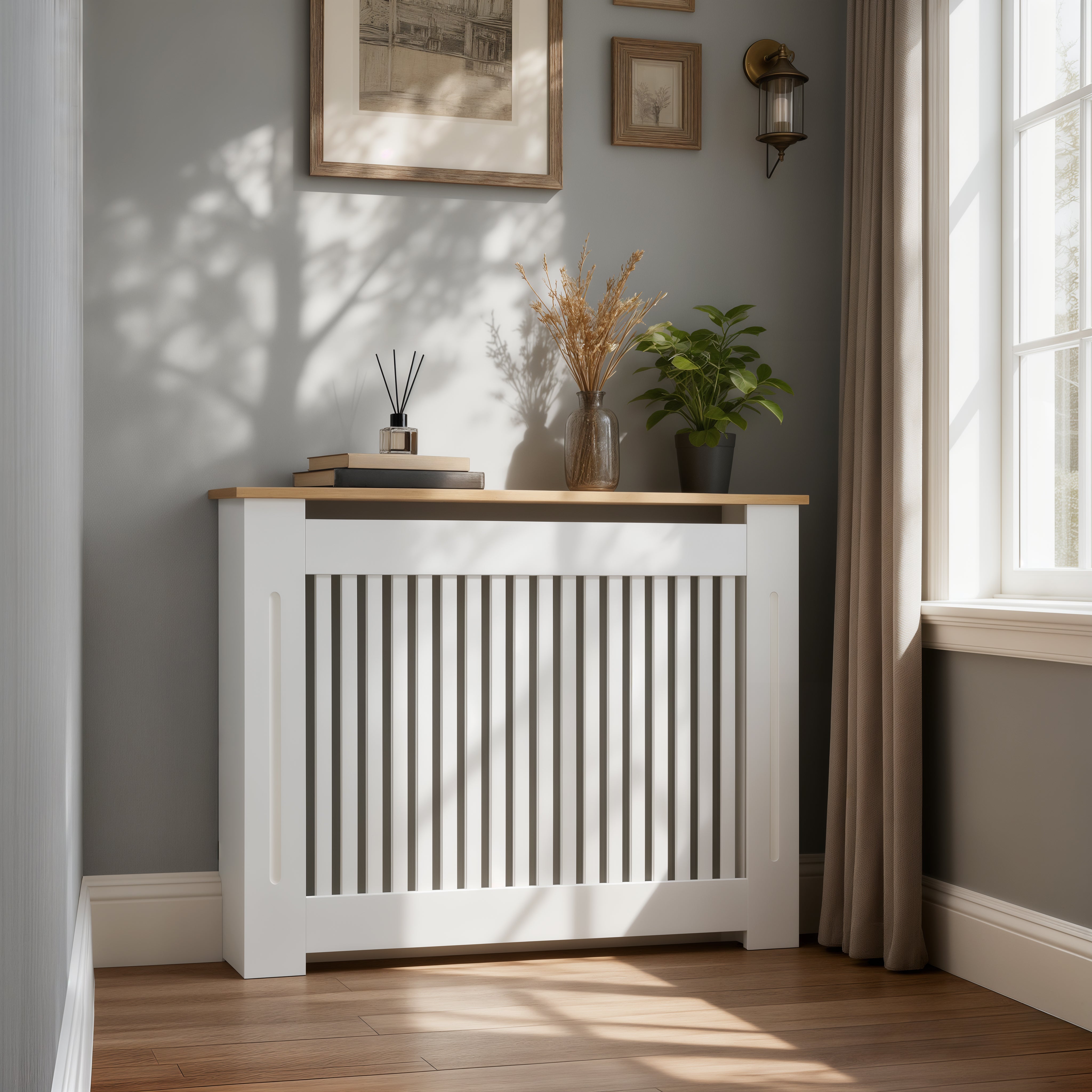 FATIVO Radiator Cover | Internal Height 81cm |  Vertical Slatted Heater Radiator Cover White MDF Radiator Cover with Wood Texture Nature Top for Living Room, Bedroom