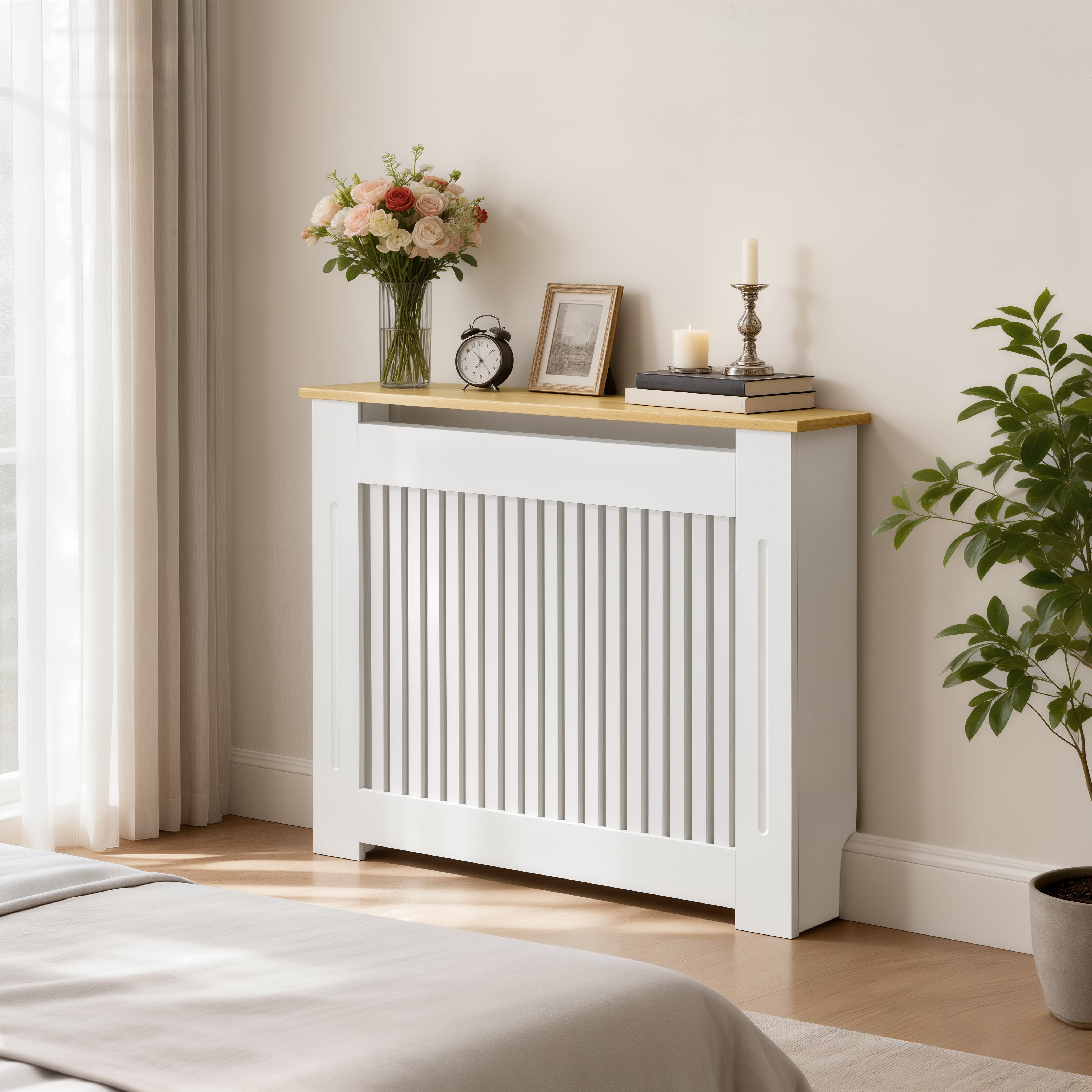 FATIVO Radiator Cover | Internal Height 81cm |  Vertical Slatted Heater Radiator Cover White MDF Radiator Cover with Wood Texture Nature Top for Living Room, Bedroom