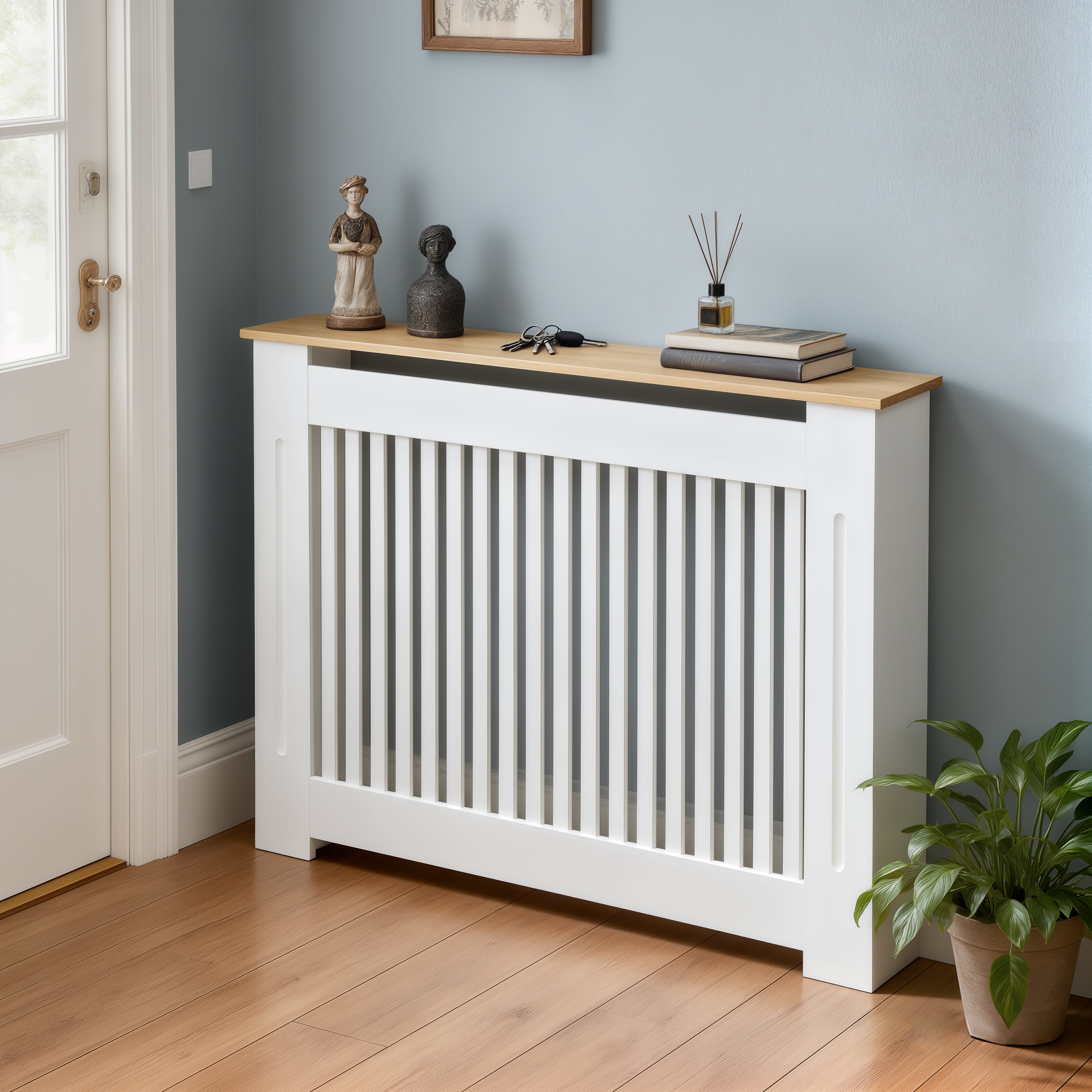 FATIVO Radiator Cover | Internal Height 81cm |  Vertical Slatted Heater Radiator Cover White MDF Radiator Cover with Wood Texture Nature Top for Living Room, Bedroom