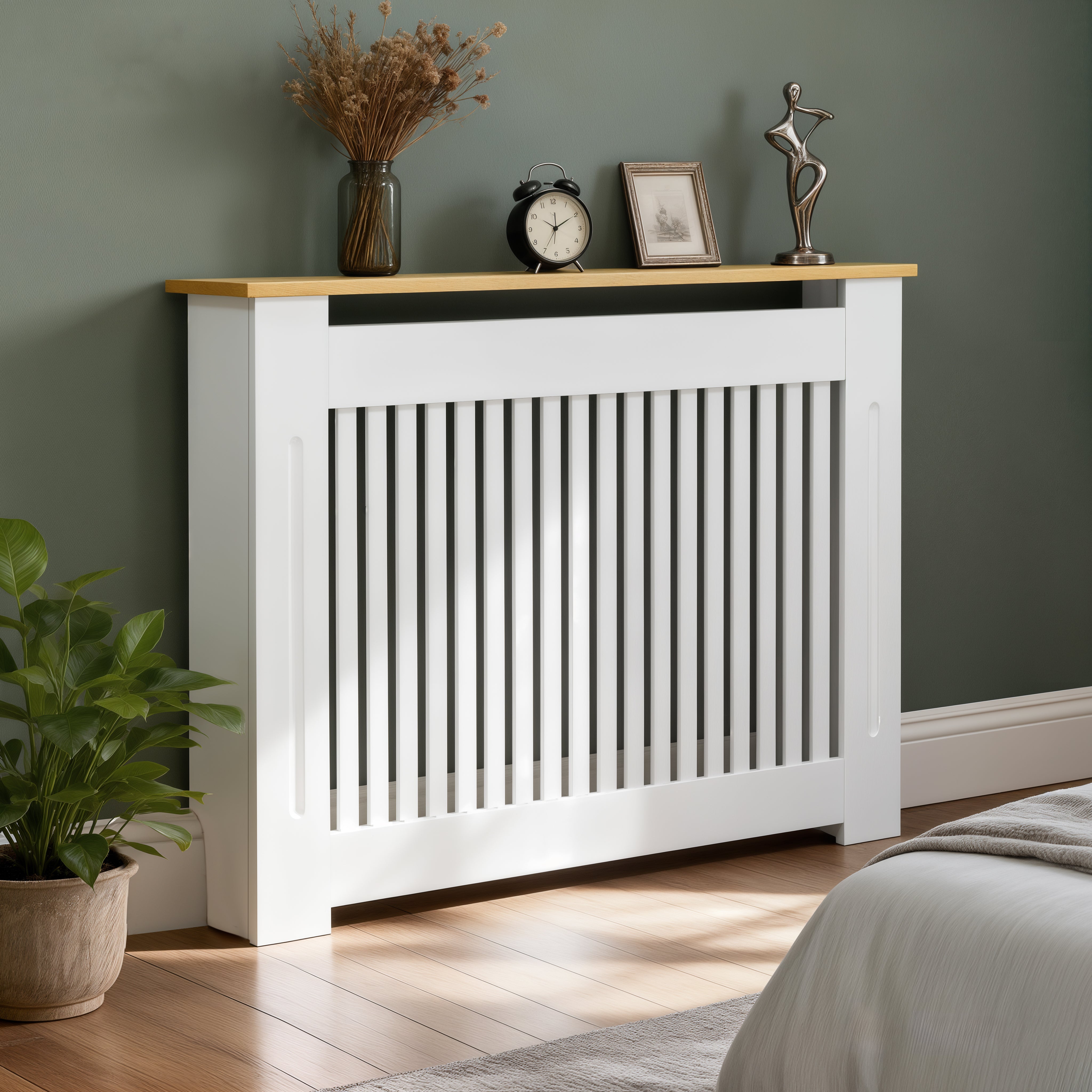 FATIVO Radiator Cover | Internal Height 81cm |  Vertical Slatted Heater Radiator Cover White MDF Radiator Cover with Wood Texture Nature Top for Living Room, Bedroom