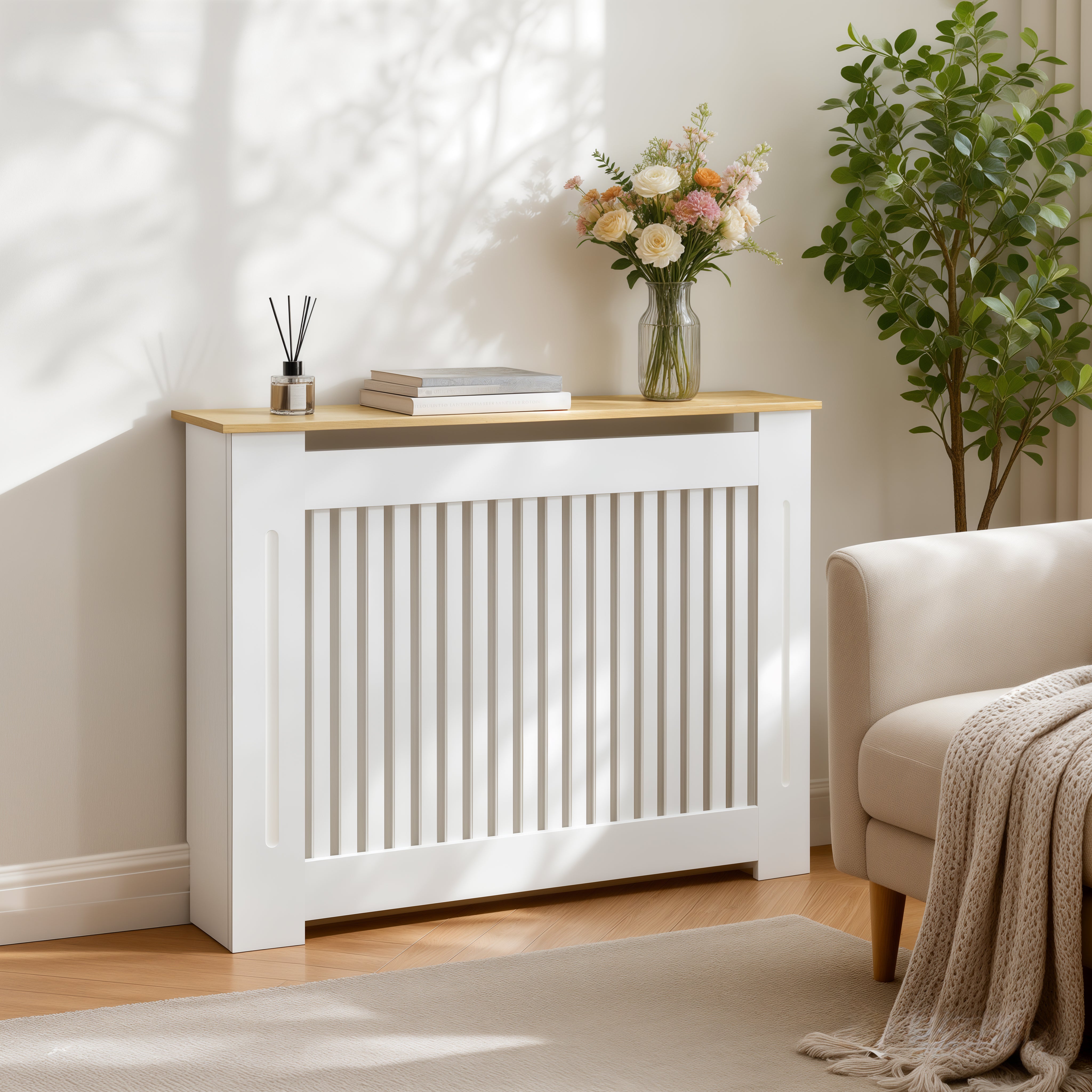 FATIVO Radiator Cover | Internal Height 81cm |  Vertical Slatted Heater Radiator Cover White MDF Radiator Cover with Wood Texture Nature Top for Living Room, Bedroom