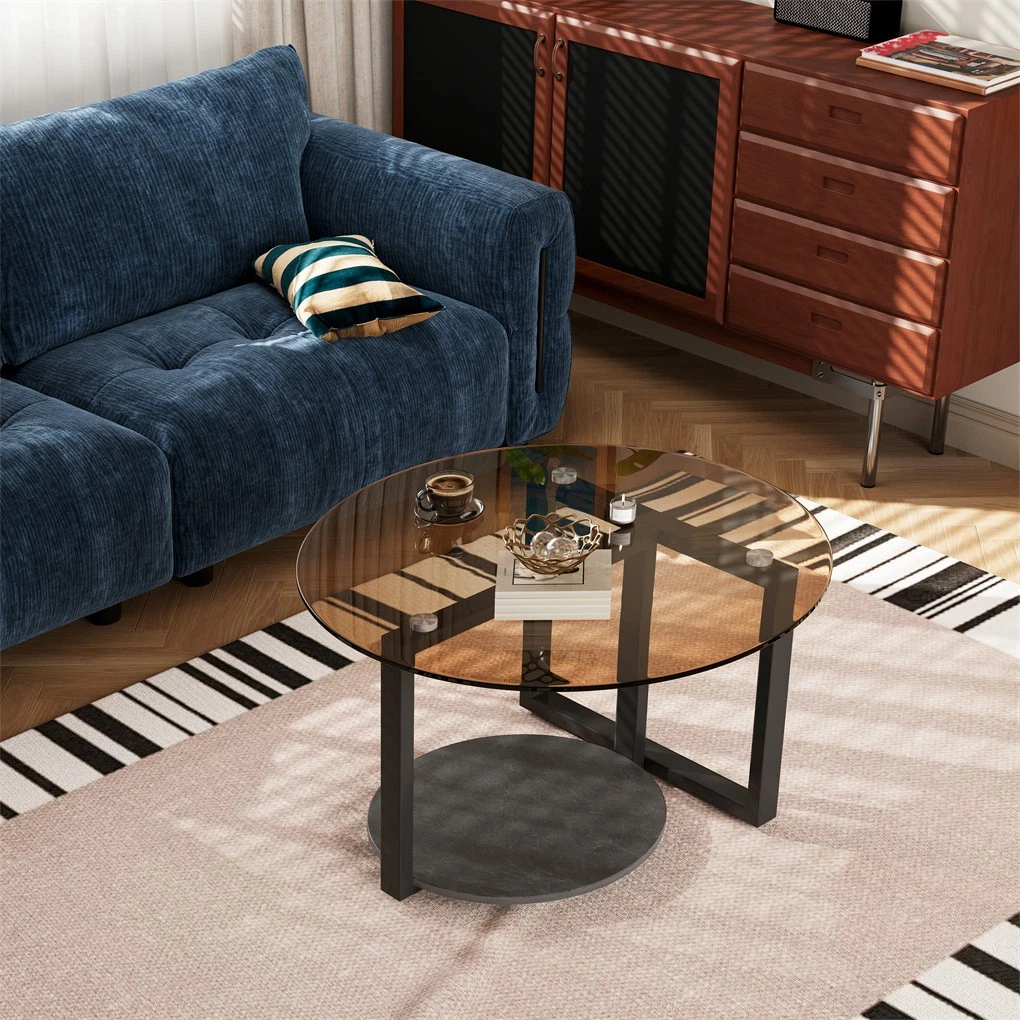 Modern Round Coffee Table Circle Amber-Tinted Tempered Glass Cocktail Table with 2-Tier