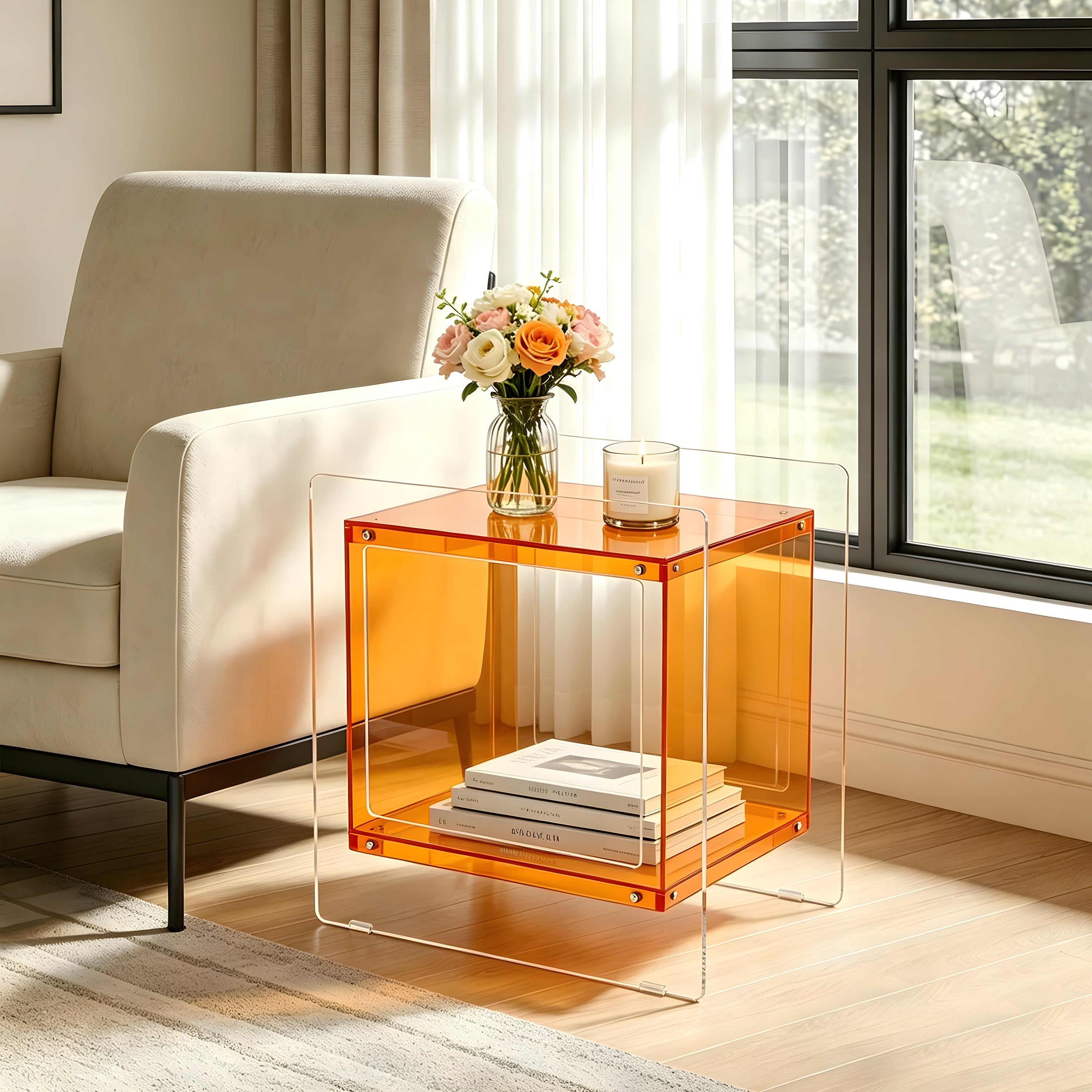 Square Cube Acrylic Record Player Table Open Storage Shelf Acrylic Sofa Side Table