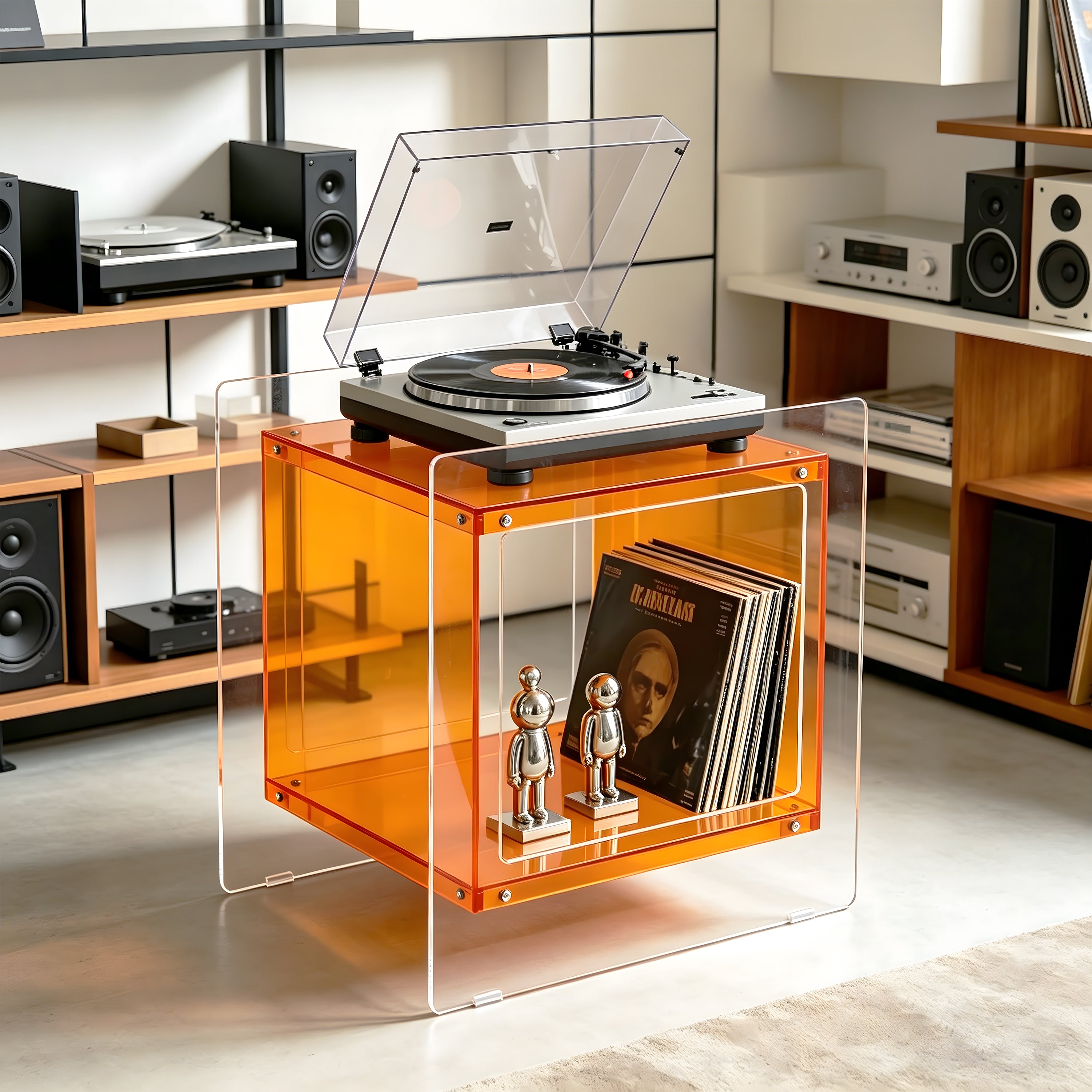 Square Cube Acrylic Record Player Table Open Storage Shelf Acrylic Sofa Side Table