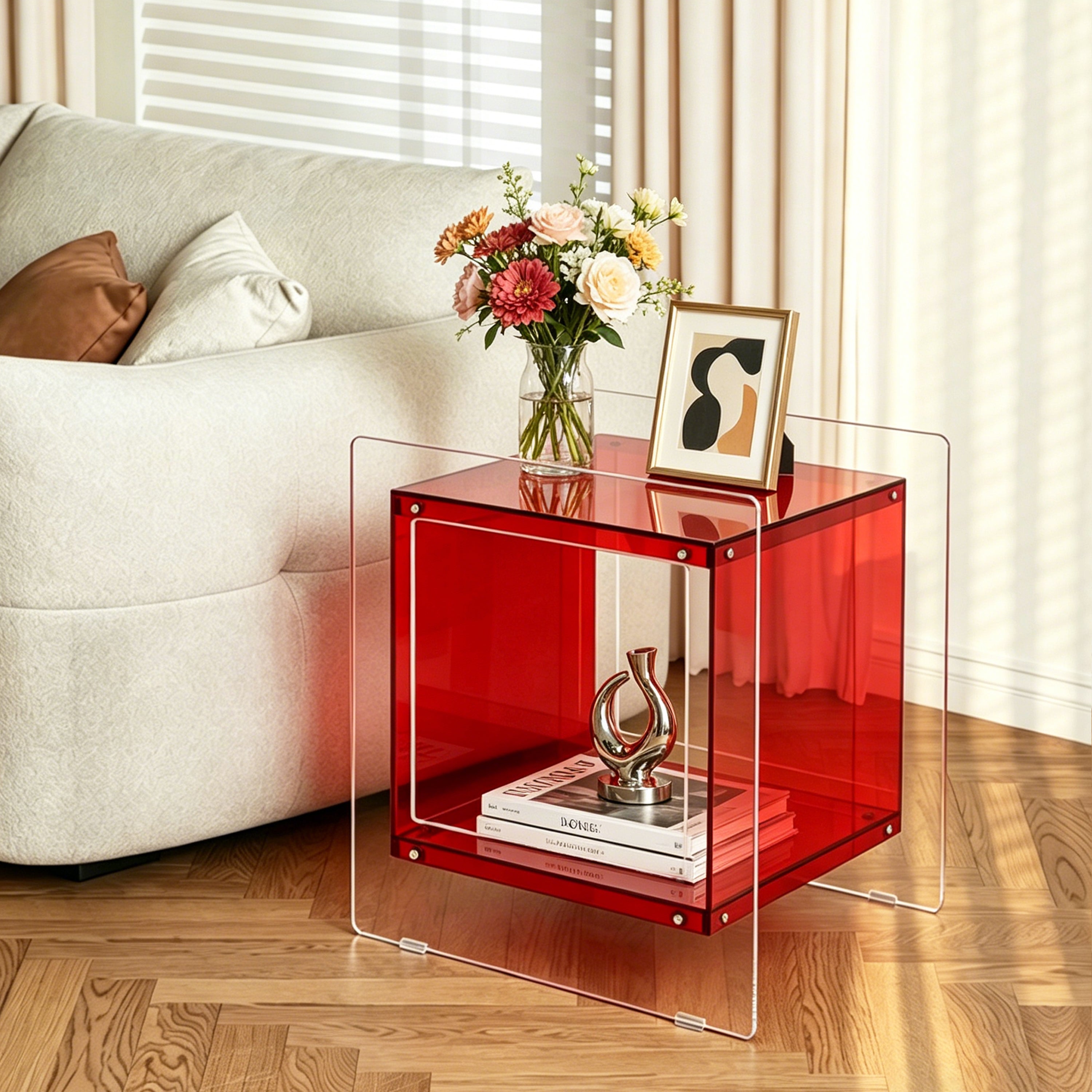 Square Cube Acrylic Record Player Table Open Storage Shelf Acrylic Sofa Side Table