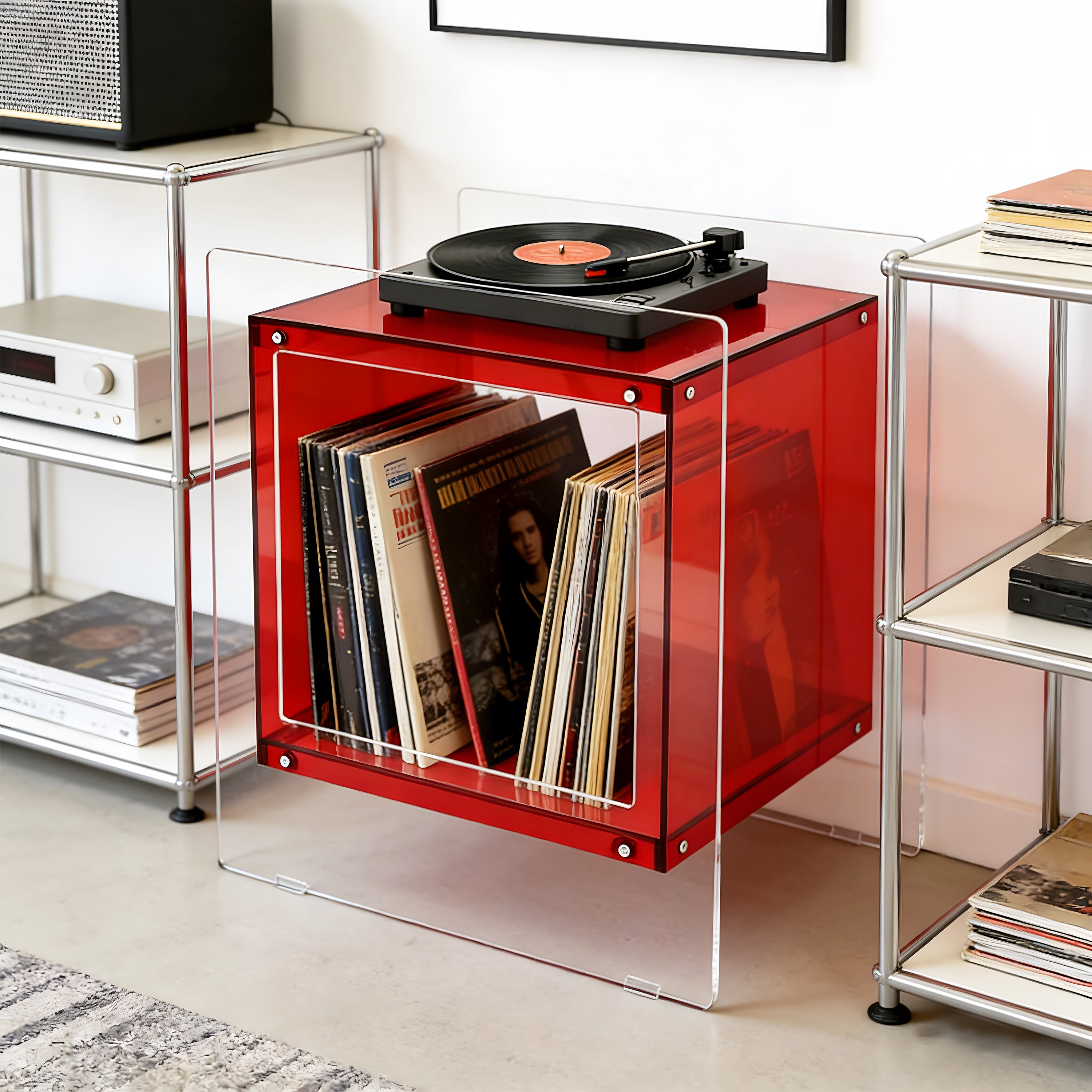 Square Cube Acrylic Record Player Table Open Storage Shelf Acrylic Sofa Side Table