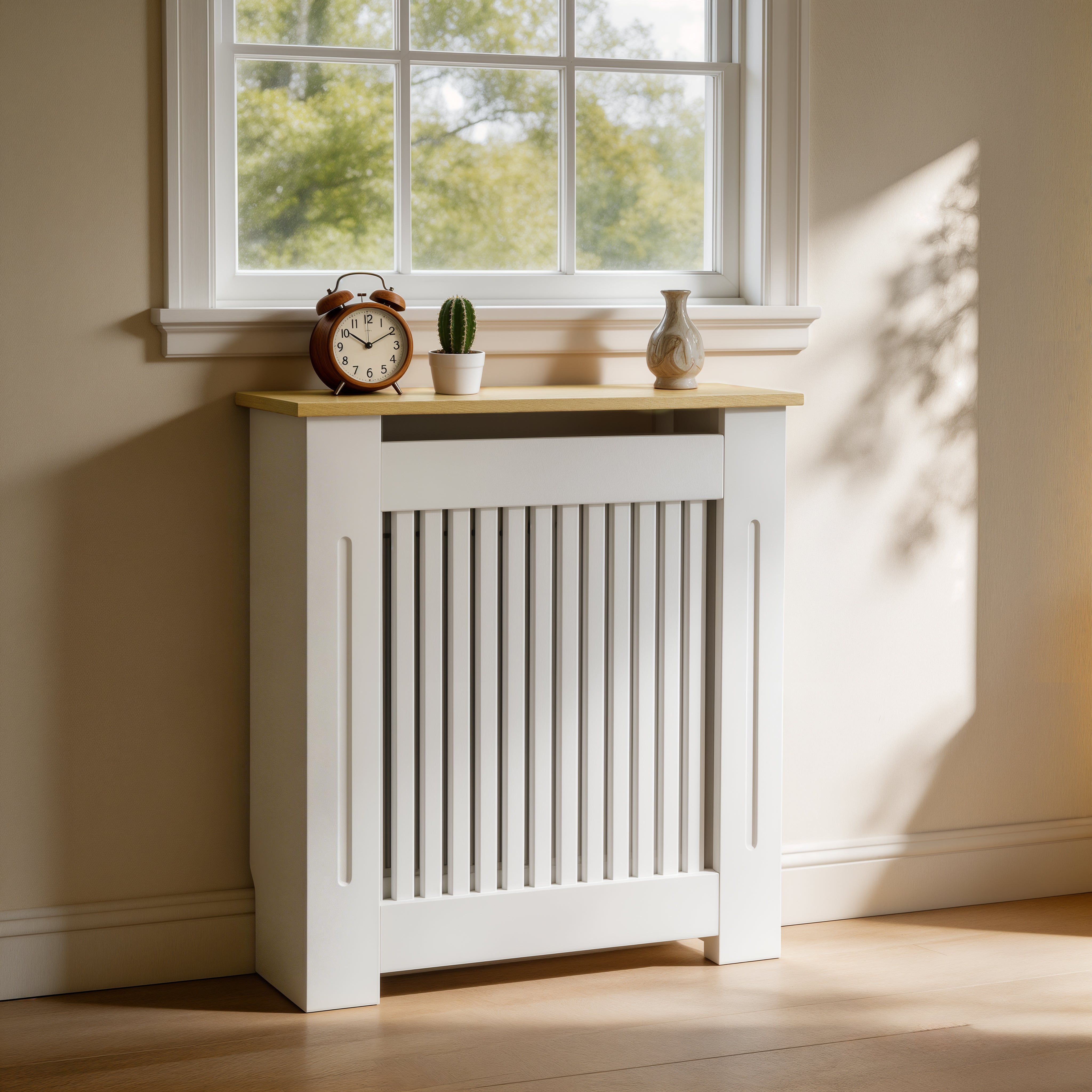 FATIVO Radiator Cover | Internal Height 81cm |  Vertical Slatted Heater Radiator Cover White MDF Radiator Cover with Wood Texture Nature Top for Living Room, Bedroom