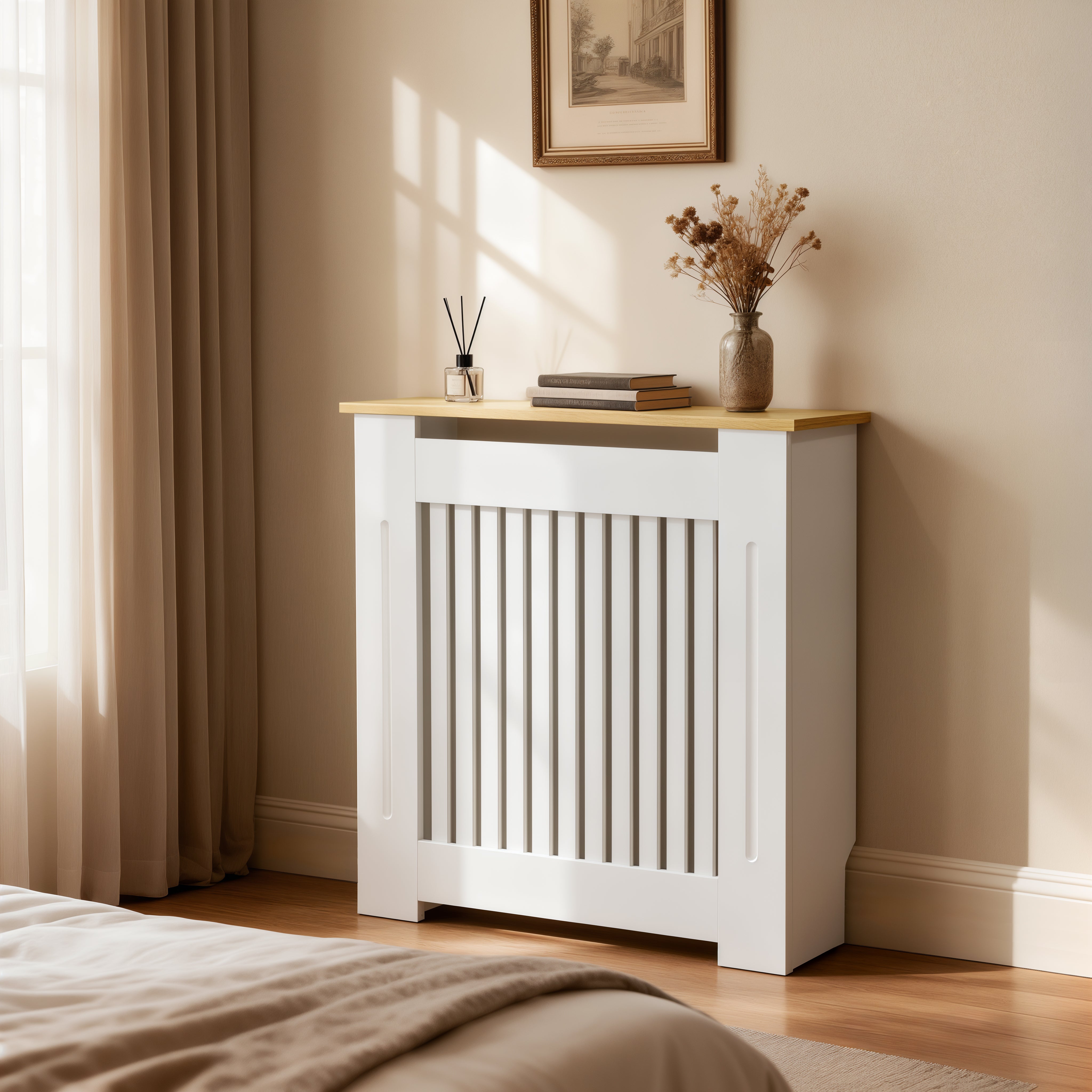 FATIVO Radiator Cover | Internal Height 81cm |  Vertical Slatted Heater Radiator Cover White MDF Radiator Cover with Wood Texture Nature Top for Living Room, Bedroom