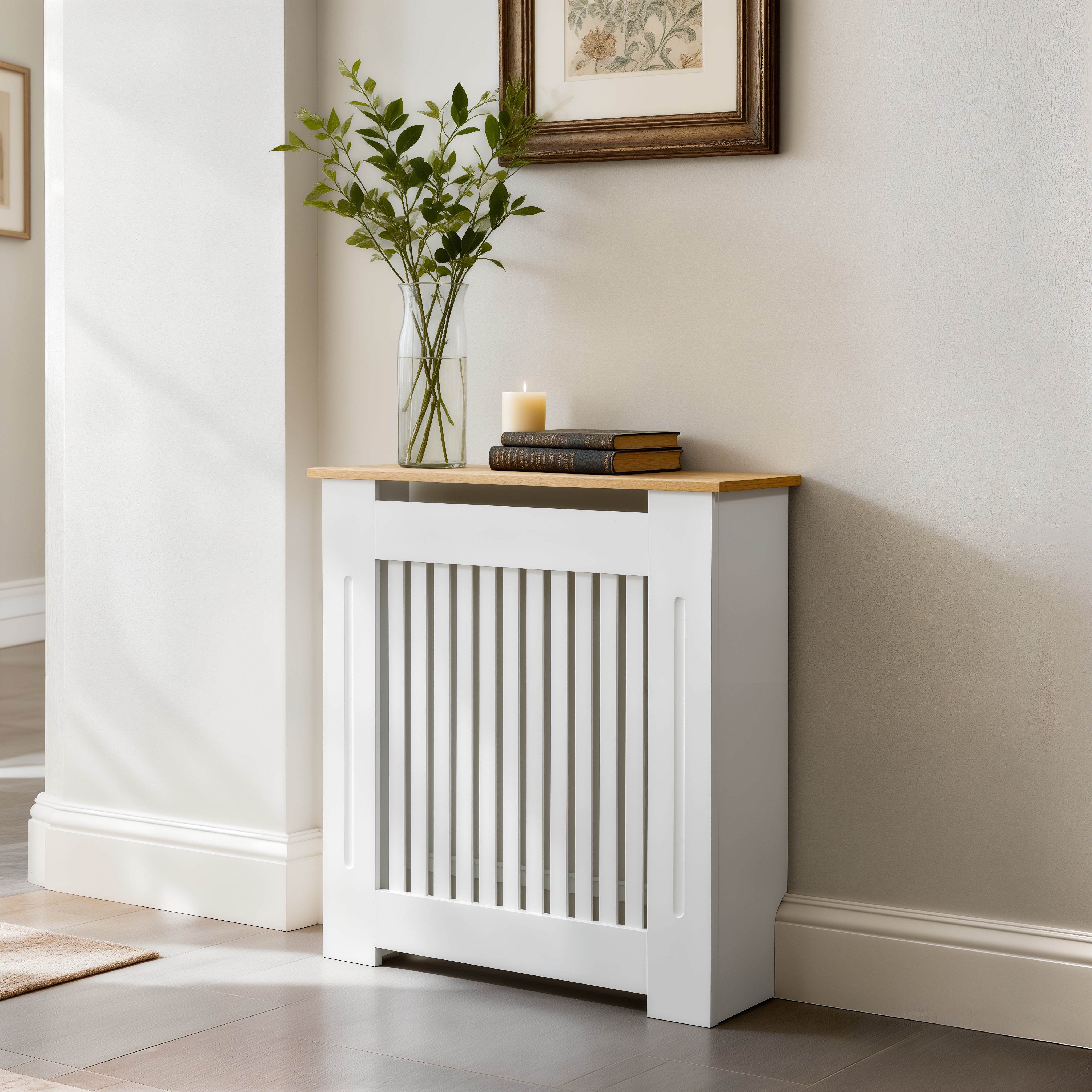 FATIVO Radiator Cover | Internal Height 81cm |  Vertical Slatted Heater Radiator Cover White MDF Radiator Cover with Wood Texture Nature Top for Living Room, Bedroom
