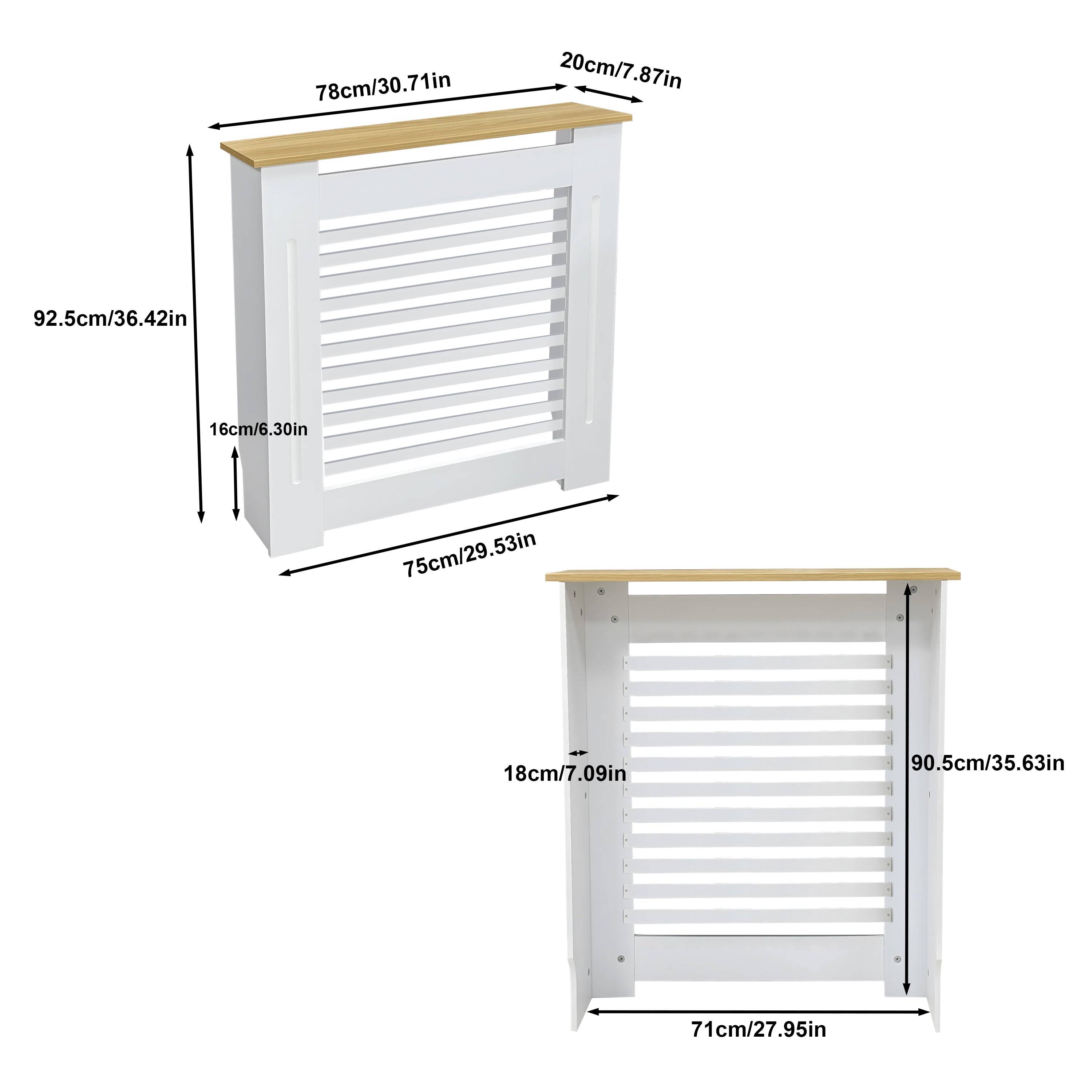 FATIVO Radiator Cover: Internal Height 90.5cm | Horizontal Slatted Radiator Cover with Natural Wood Texture Top, White MDF Wall Heater Cover for Old, Compact Radiators