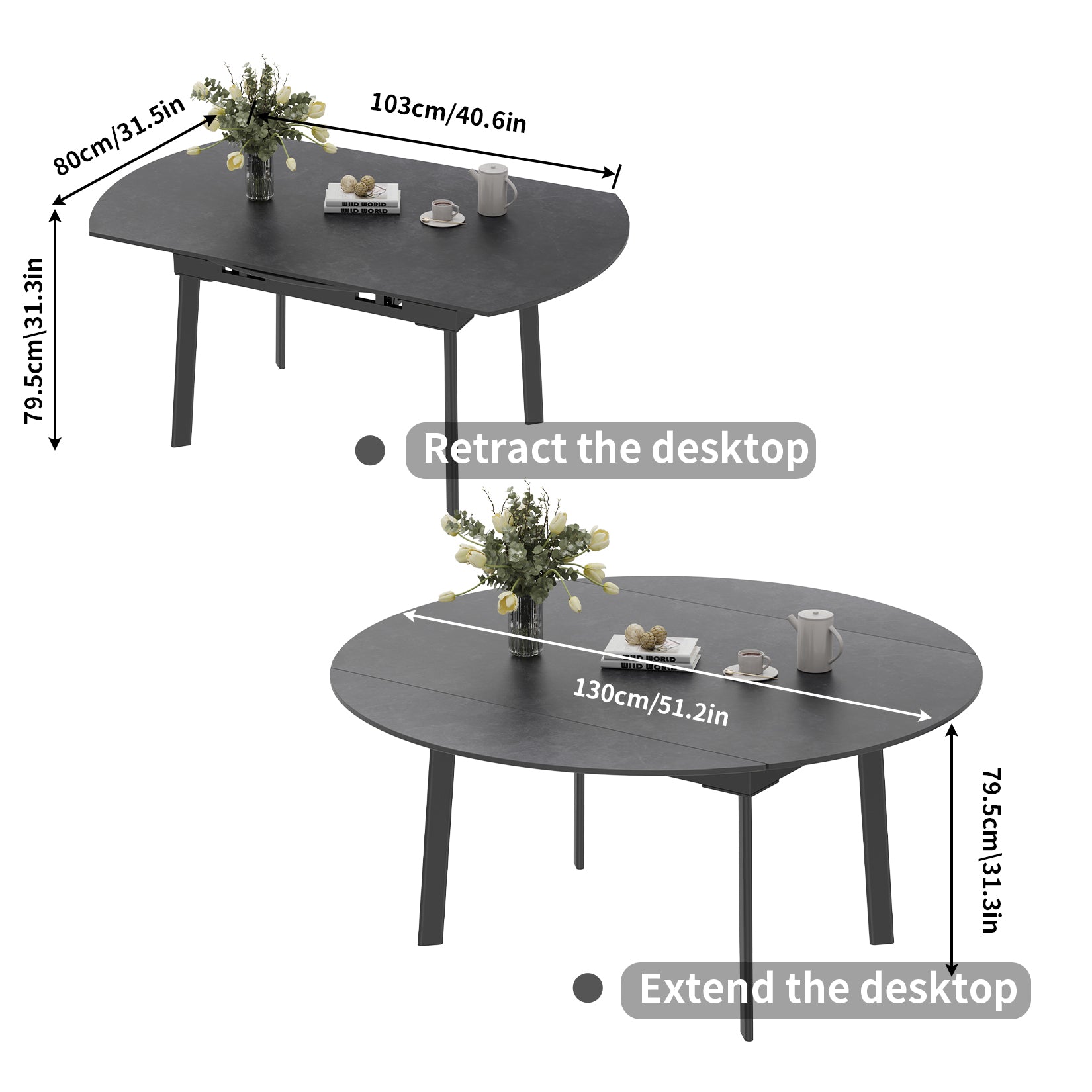 Round Extendable Dining Table 31.5'' to 51.2’'