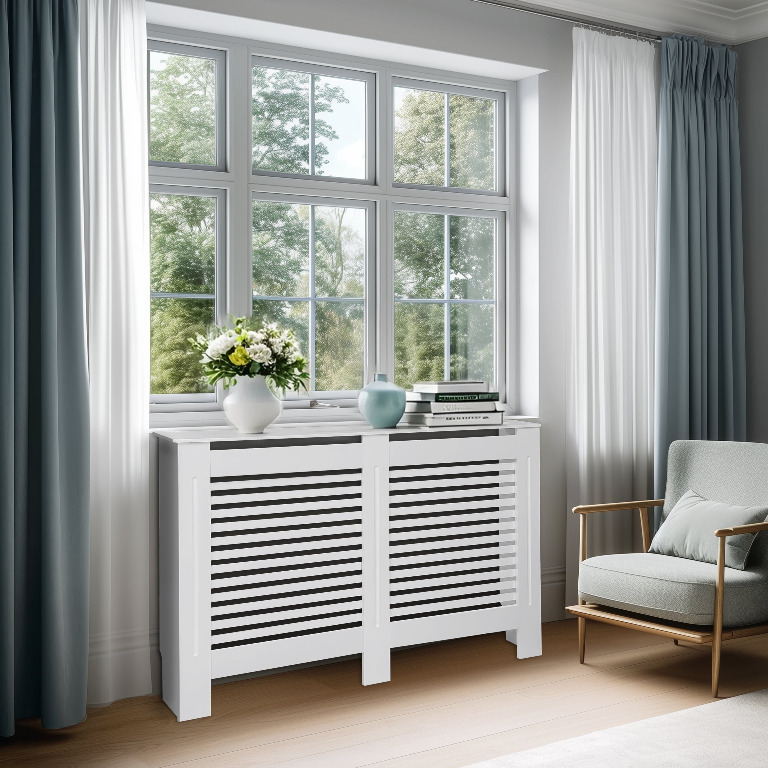 FATIVO High Radiator Cover Wood Cabinet: Internal Height 100cm White Heater Cover, Horizontal/Vertical Slats Radiator Cover Option