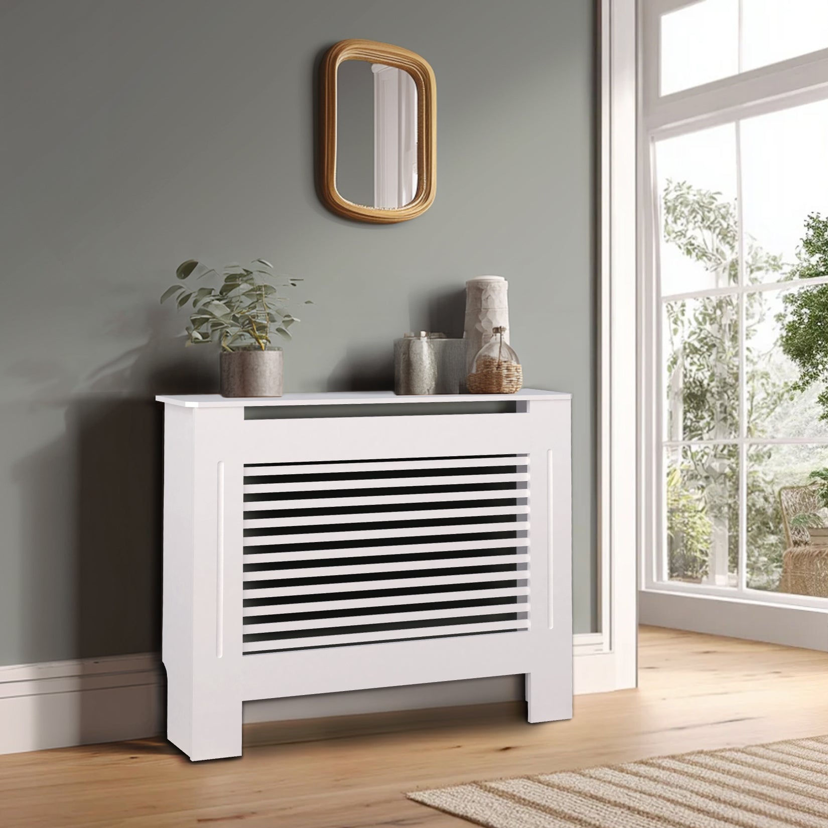 FATIVO High Radiator Cover Wood Cabinet: Internal Height 100cm White Heater Cover, Horizontal/Vertical Slats Radiator Cover Option
