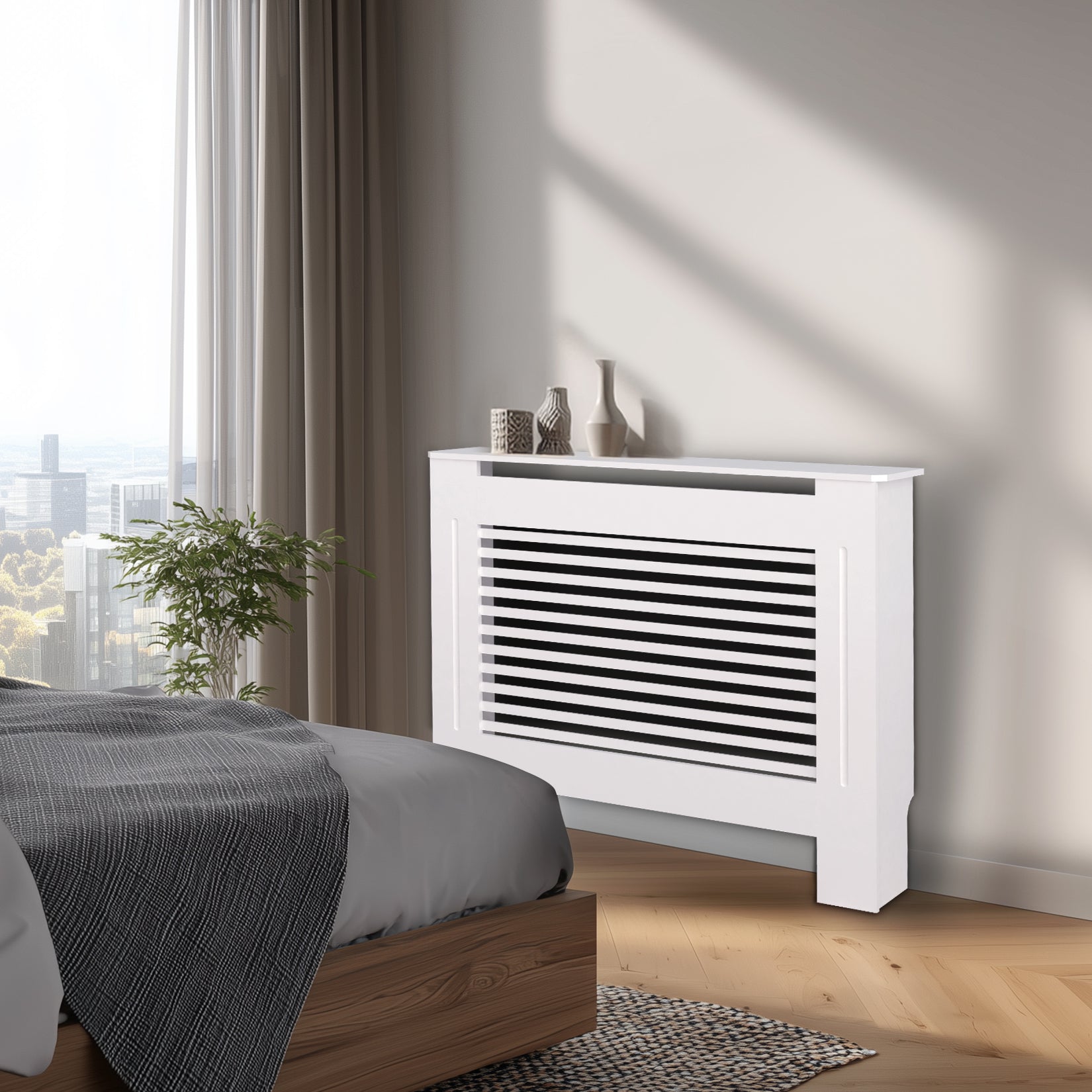 FATIVO High Radiator Cover Wood Cabinet: Internal Height 100cm White Heater Cover, Horizontal/Vertical Slats Radiator Cover Option