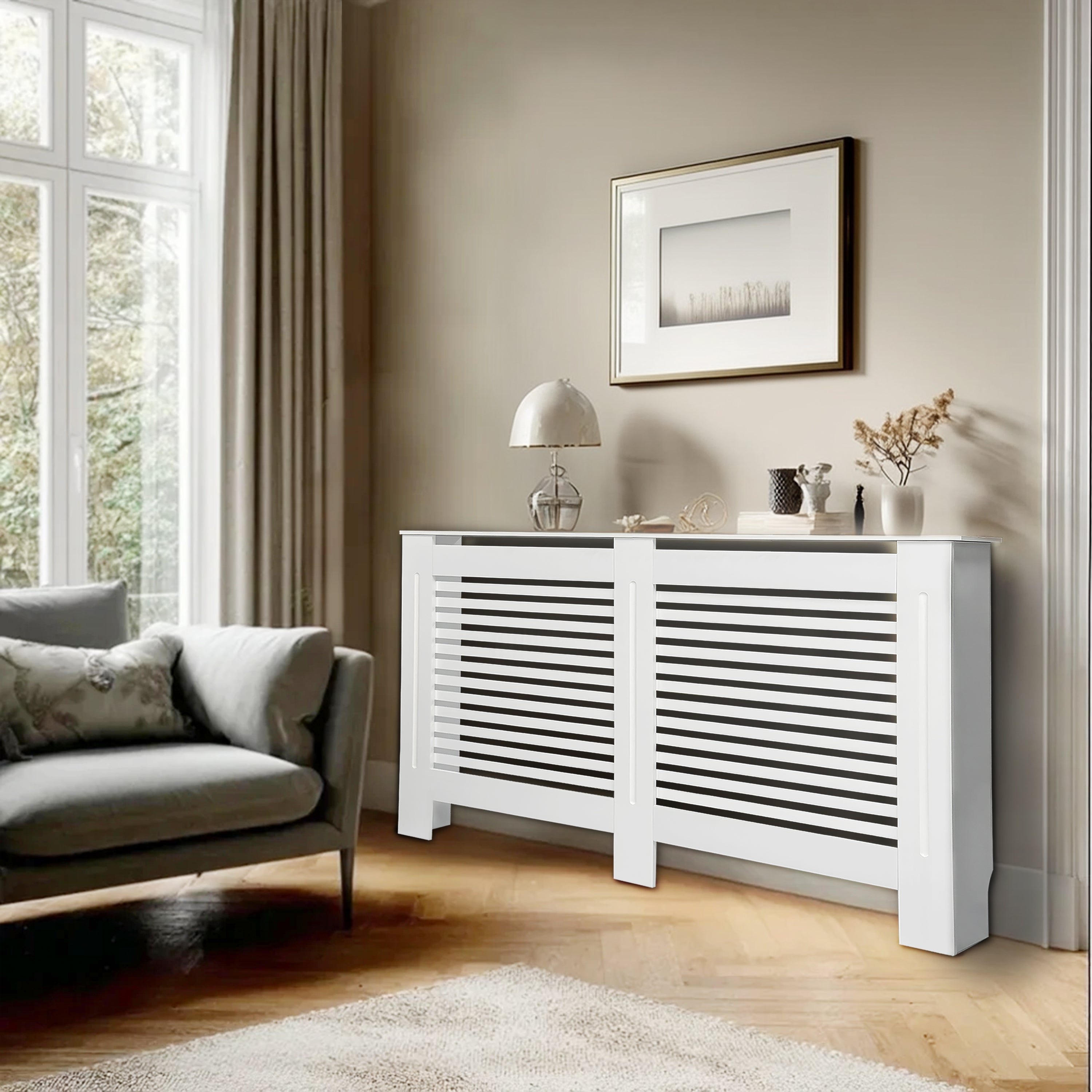 FATIVO High Radiator Cover Wood Cabinet: Internal Height 100cm White Heater Cover, Horizontal/Vertical Slats Radiator Cover Option