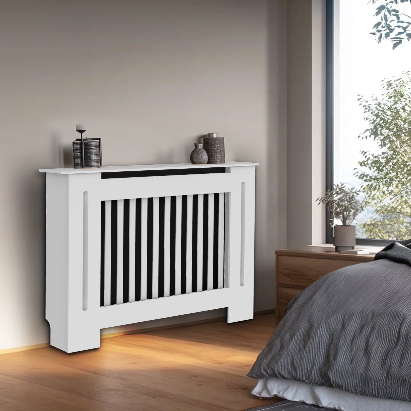 FATIVO High Radiator Cover Wood Cabinet: Internal Height 100cm White Heater Cover, Horizontal/Vertical Slats Radiator Cover Option