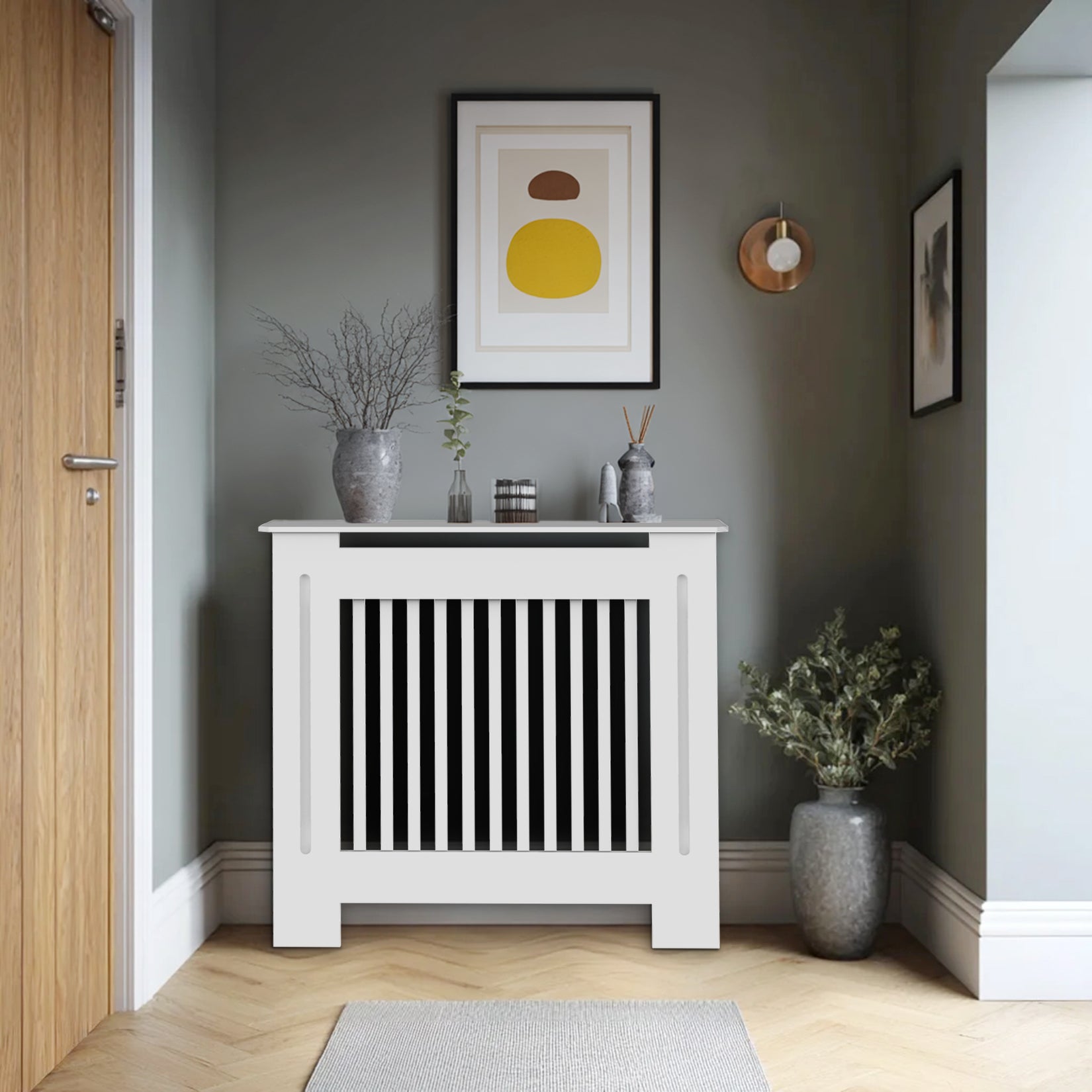 FATIVO High Radiator Cover Wood Cabinet: Internal Height 100cm White Heater Cover, Horizontal/Vertical Slats Radiator Cover Option