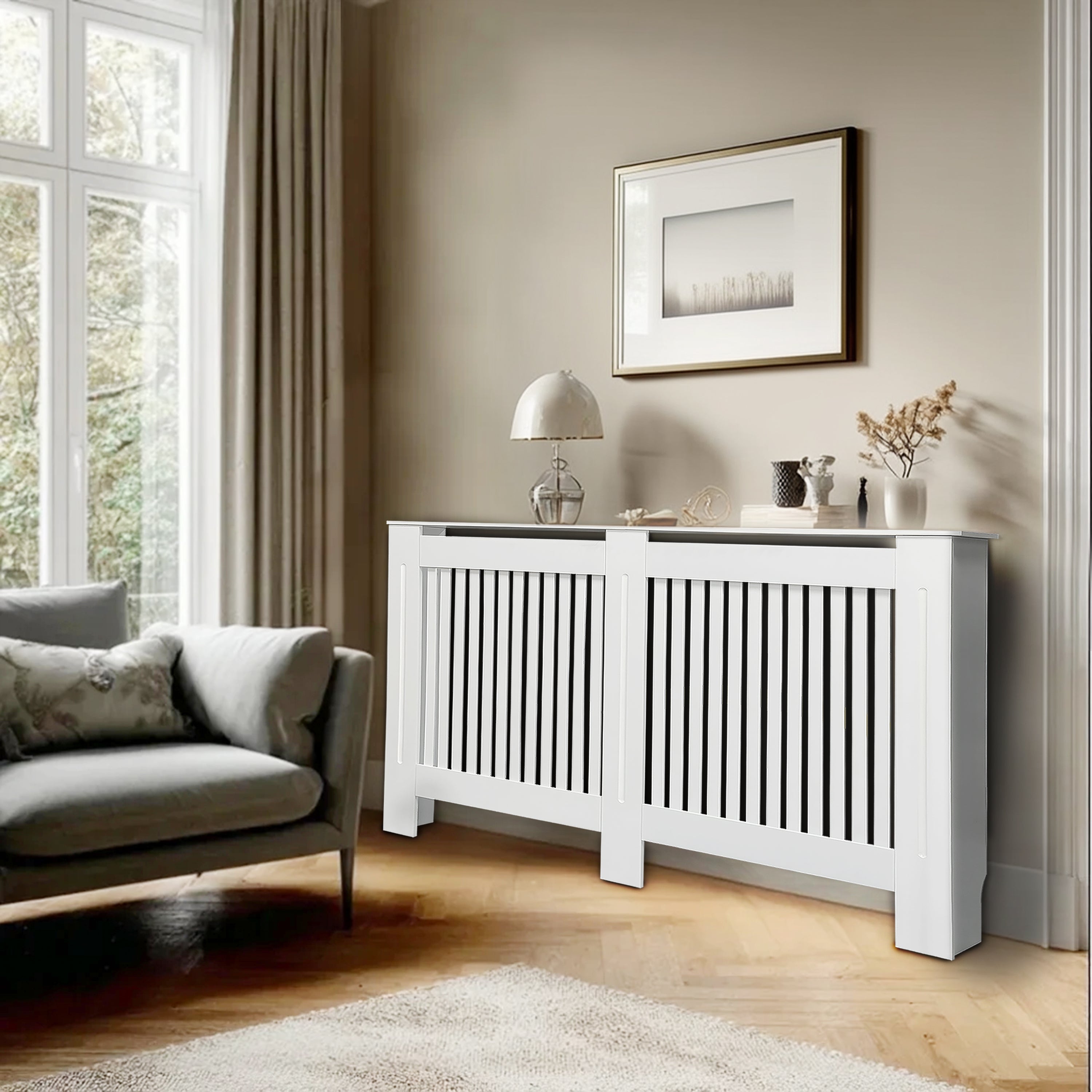 FATIVO High Radiator Cover Wood Cabinet: Internal Height 100cm White Heater Cover, Horizontal/Vertical Slats Radiator Cover Option
