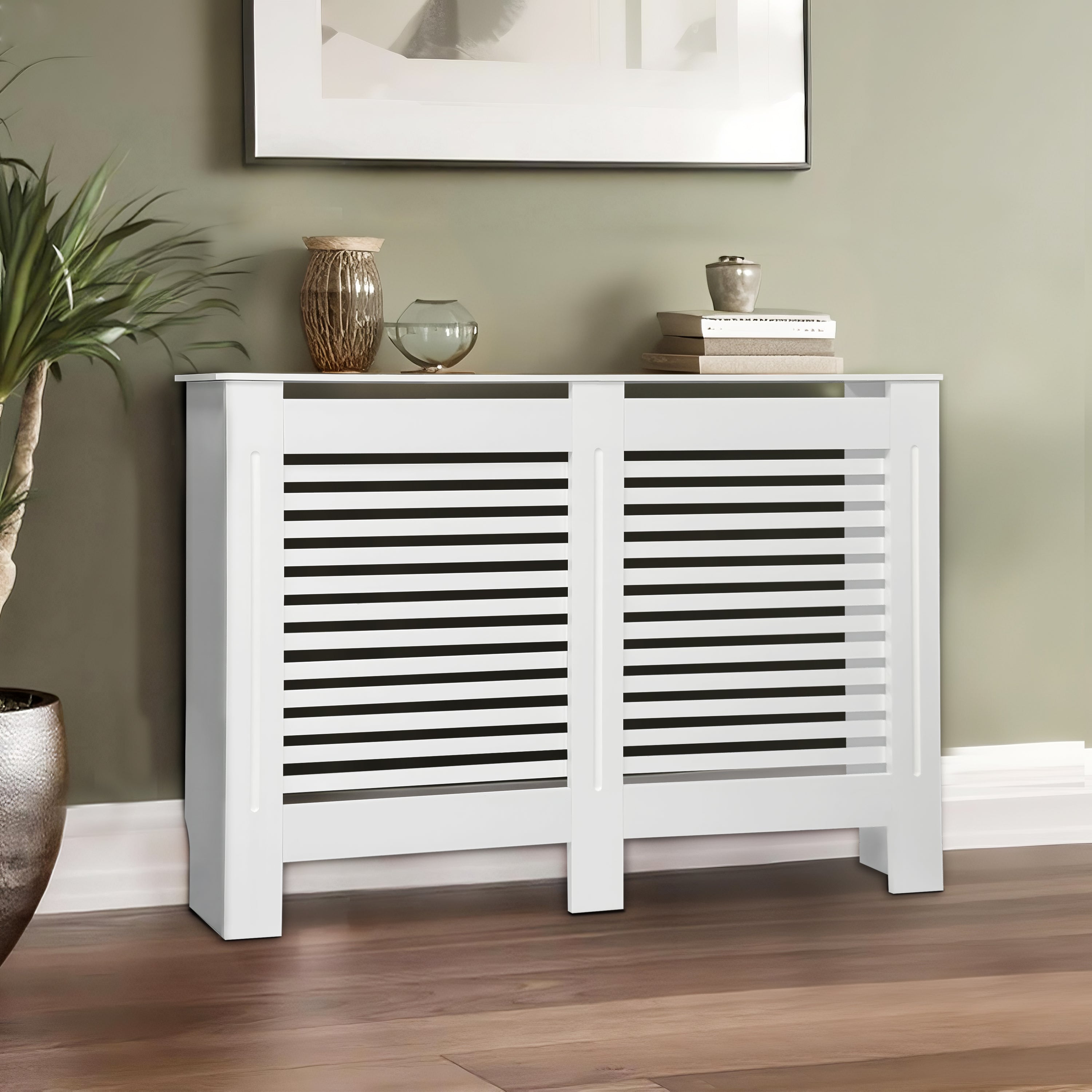 FATIVO High Radiator Cover Wood Cabinet: Internal Height 91cm White Heater Cover, Horizontal/Vertical Slats Radiator Cover Option
