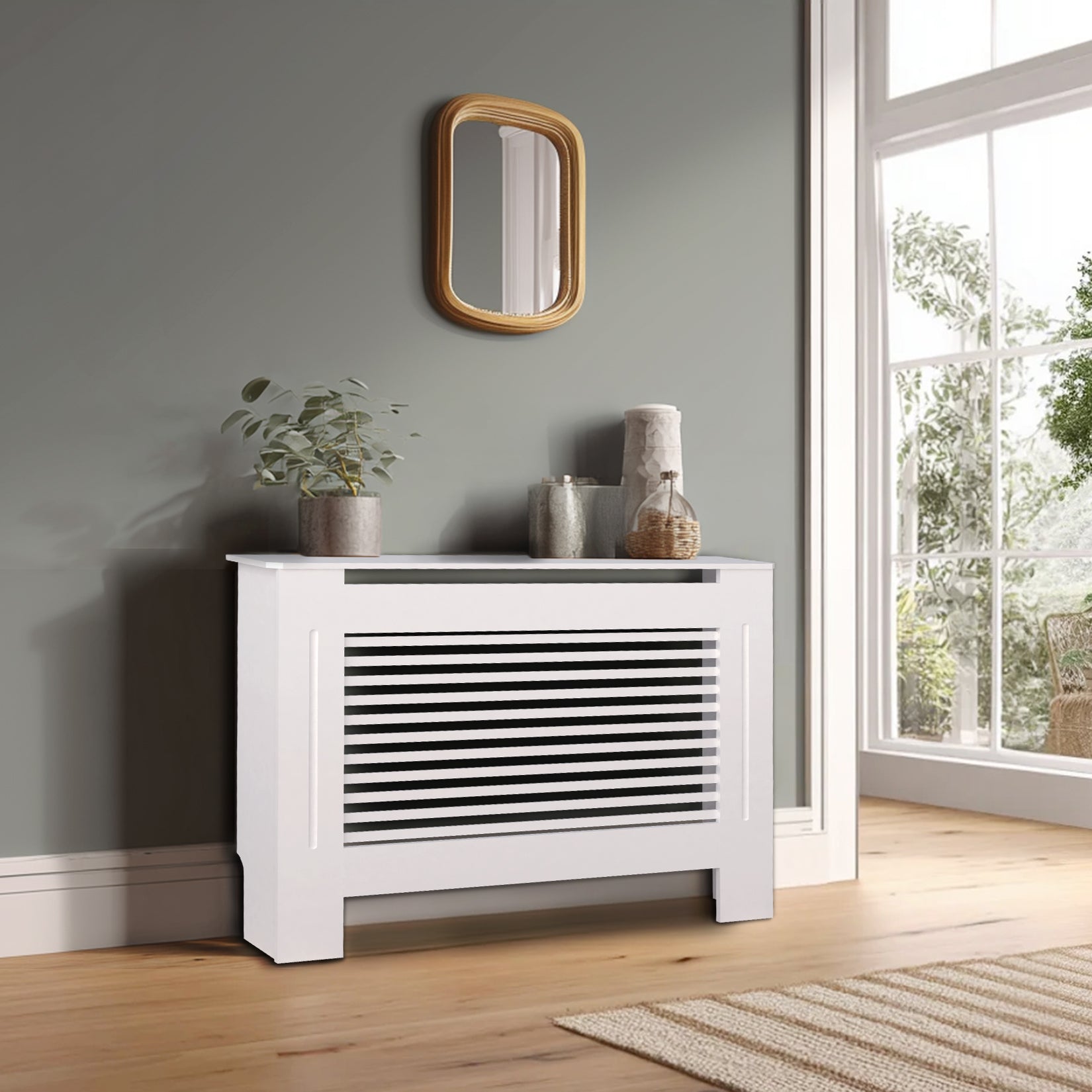 FATIVO High Radiator Cover Wood Cabinet: Internal Height 91cm White Heater Cover, Horizontal/Vertical Slats Radiator Cover Option