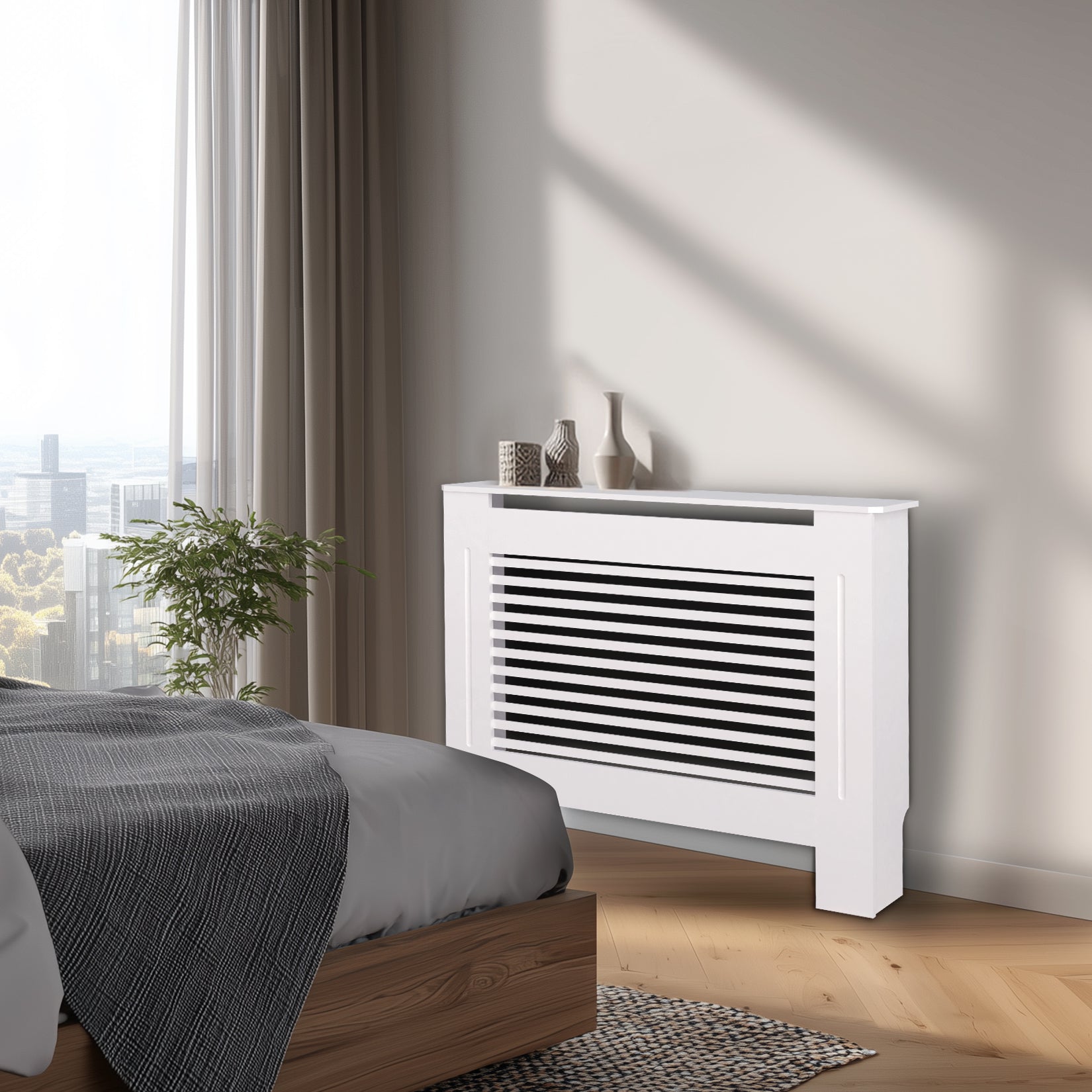FATIVO High Radiator Cover Wood Cabinet: Internal Height 91cm White Heater Cover, Horizontal/Vertical Slats Radiator Cover Option