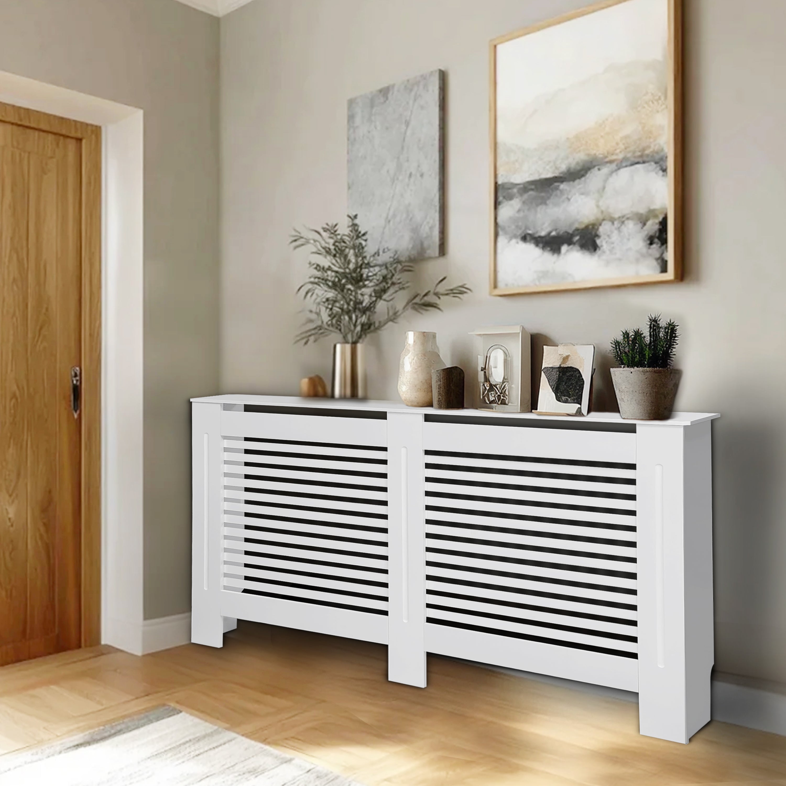 FATIVO High Radiator Cover Wood Cabinet: Internal Height 91cm White Heater Cover, Horizontal/Vertical Slats Radiator Cover Option