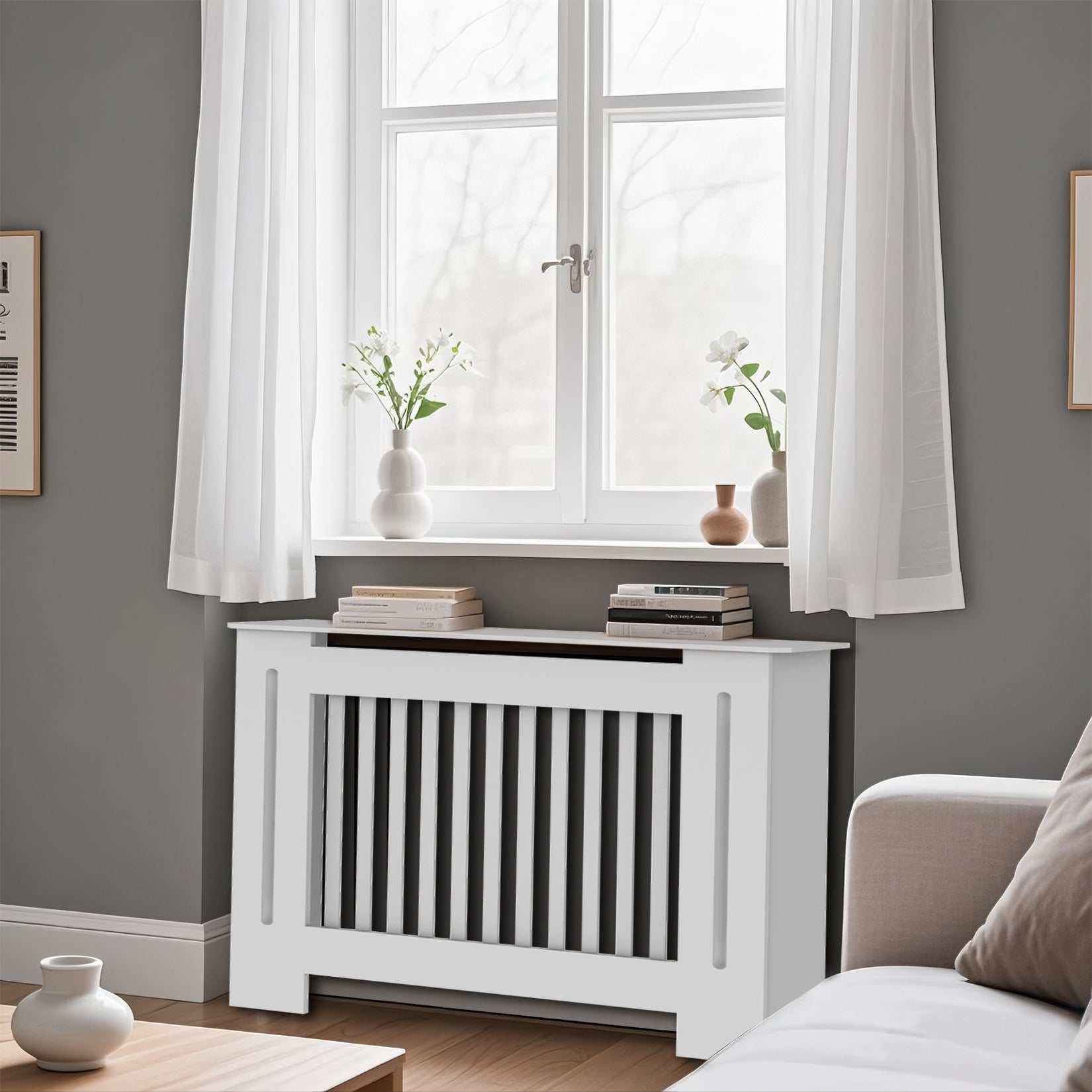 FATIVO High Radiator Cover Wood Cabinet: Internal Height 91cm White Heater Cover, Horizontal/Vertical Slats Radiator Cover Option