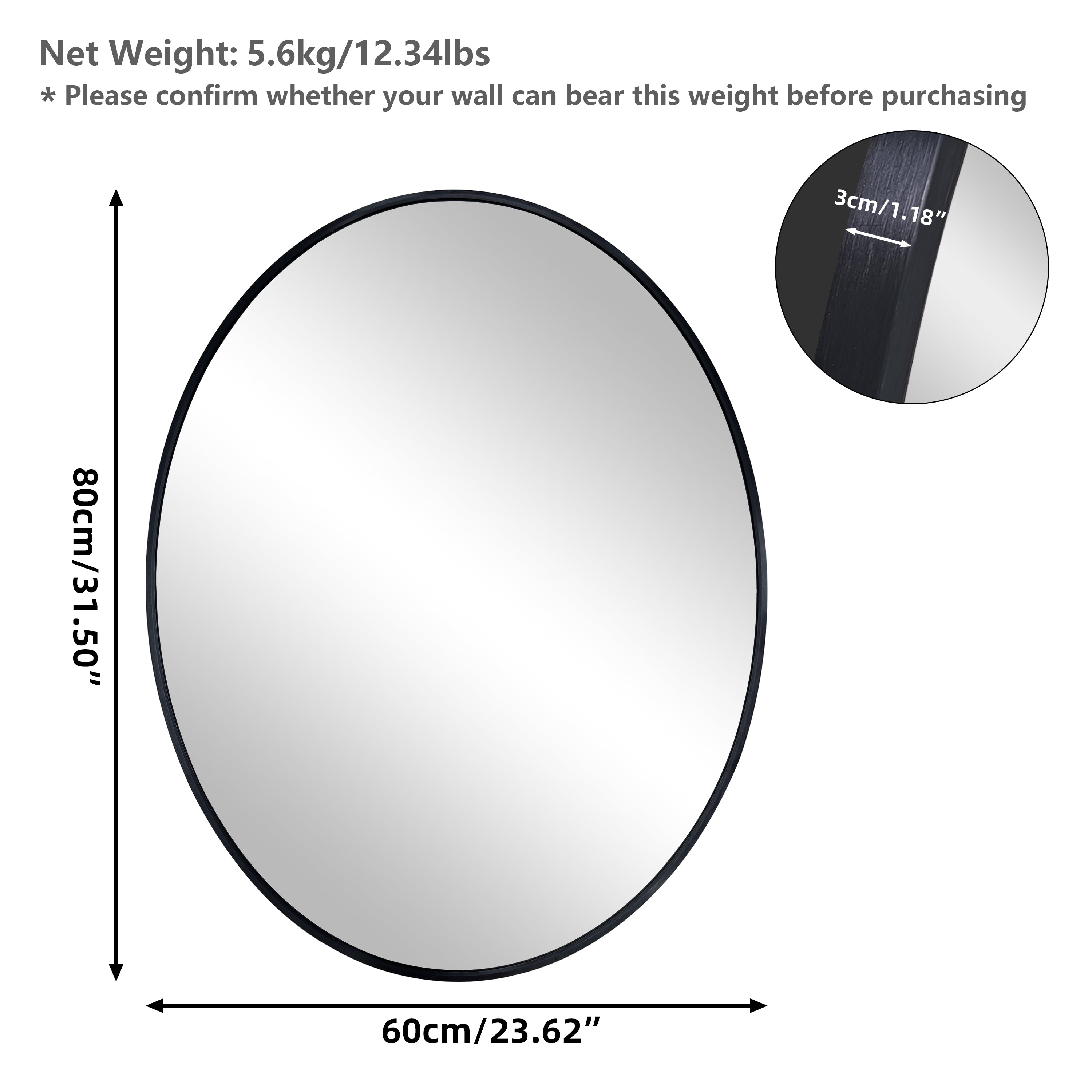 New Release Vertical Black Oval Wall Mirror Aluminum Frame Wall-mounted Hanging Mirror