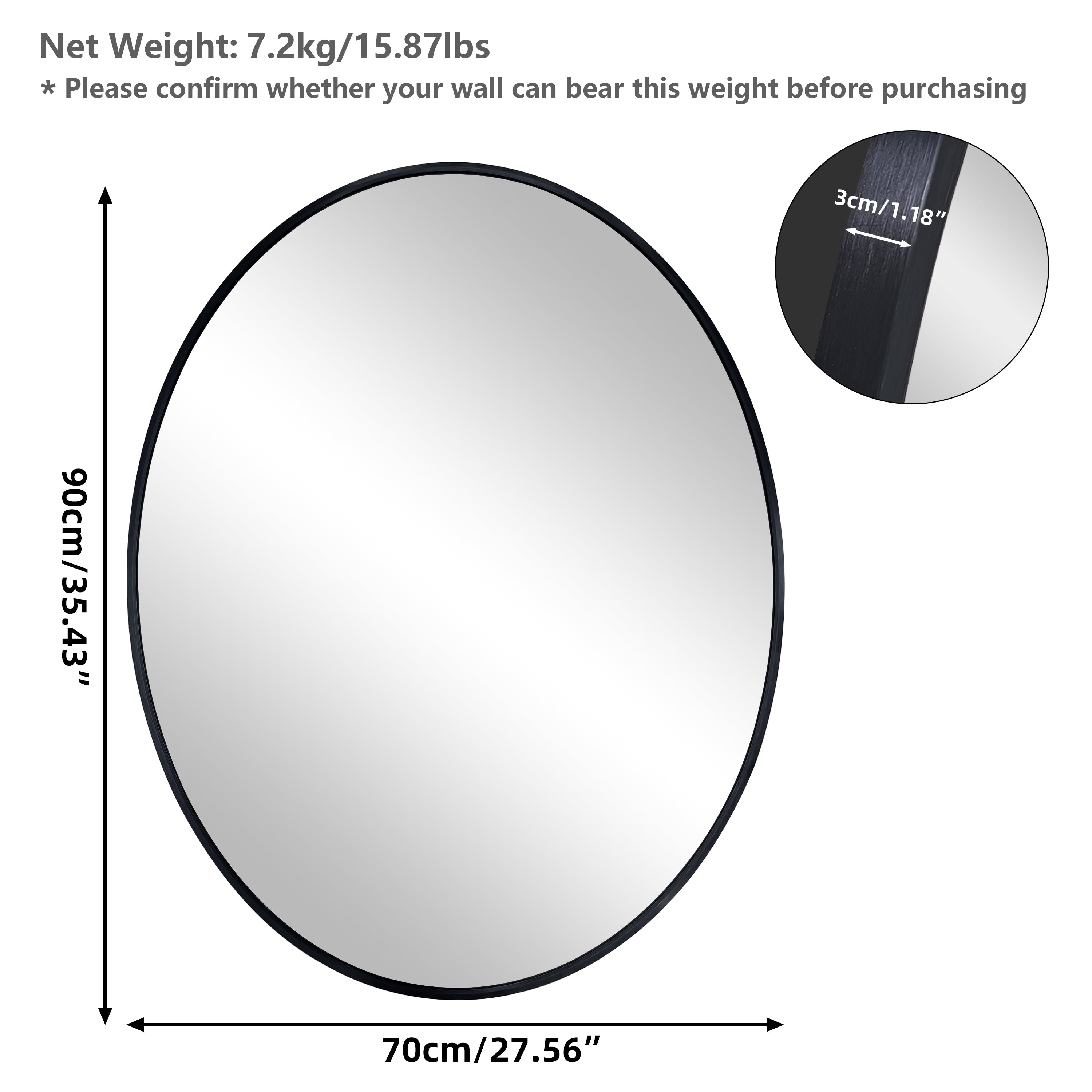 New Release Vertical Black Oval Wall Mirror Aluminum Frame Wall-mounted Hanging Mirror