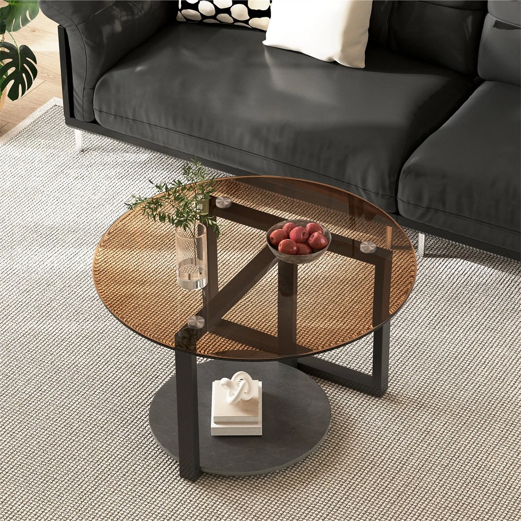 Modern Round Coffee Table Circle Amber-Tinted Tempered Glass Cocktail Table with 2-Tier