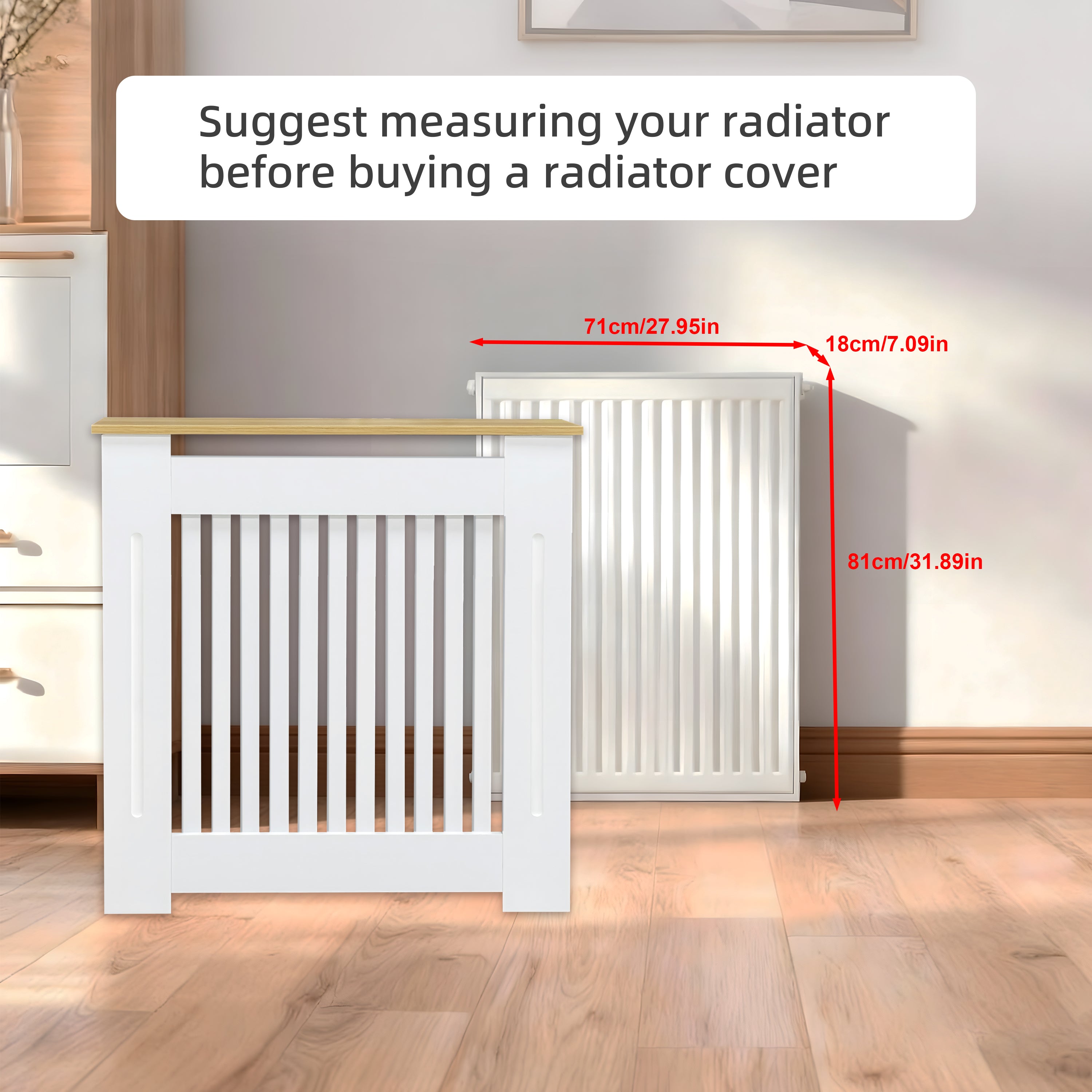FATIVO Radiator Cover | Internal Height 81cm |  Vertical Slatted Heater Radiator Cover White MDF Radiator Cover with Wood Texture Nature Top for Living Room, Bedroom