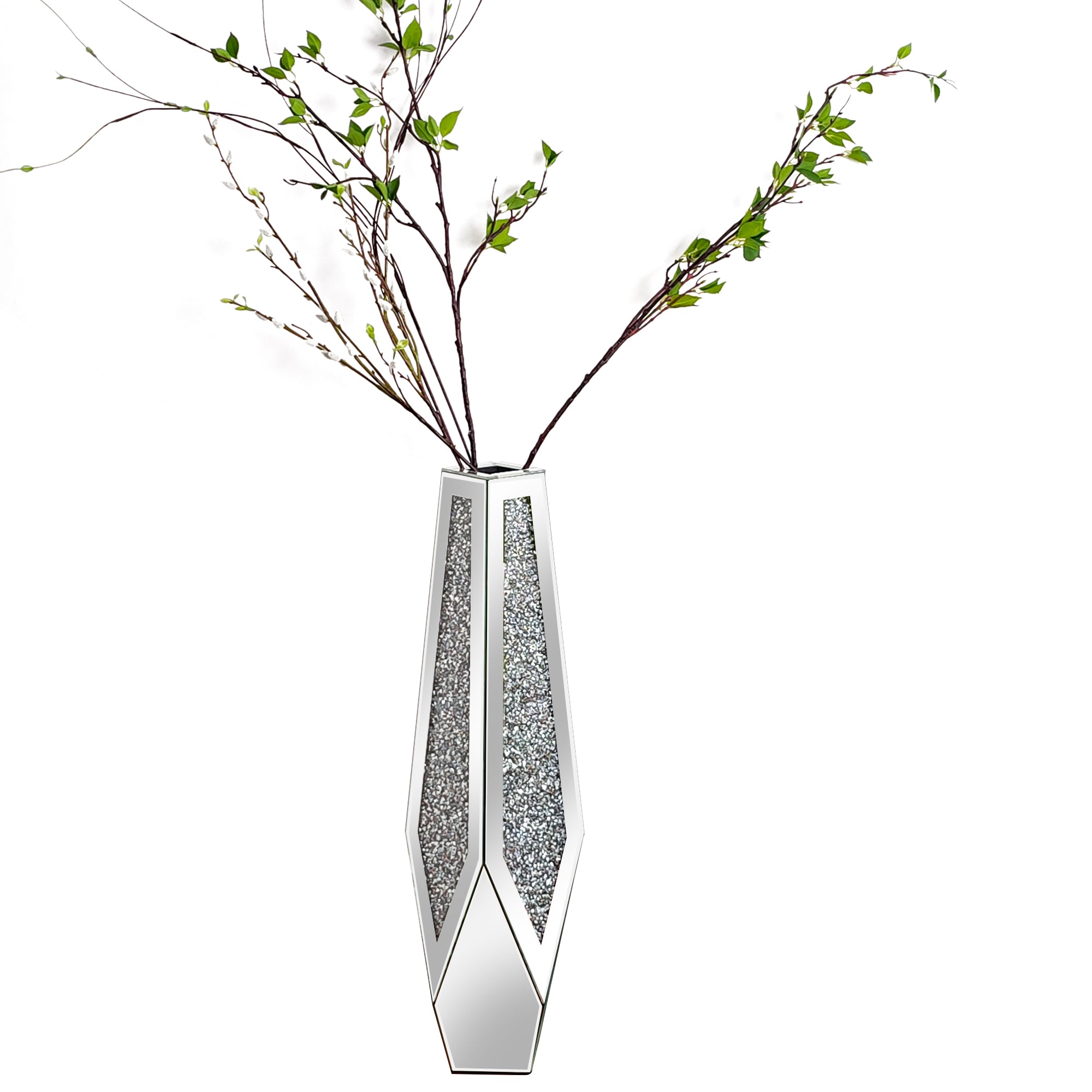 28” Tall Crushed Diamond Mirrored Flower Vase Crystal Silver Floor Flower Vase
