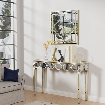 Rectangular Silver Mirrored Entryway Table with Gold Rim