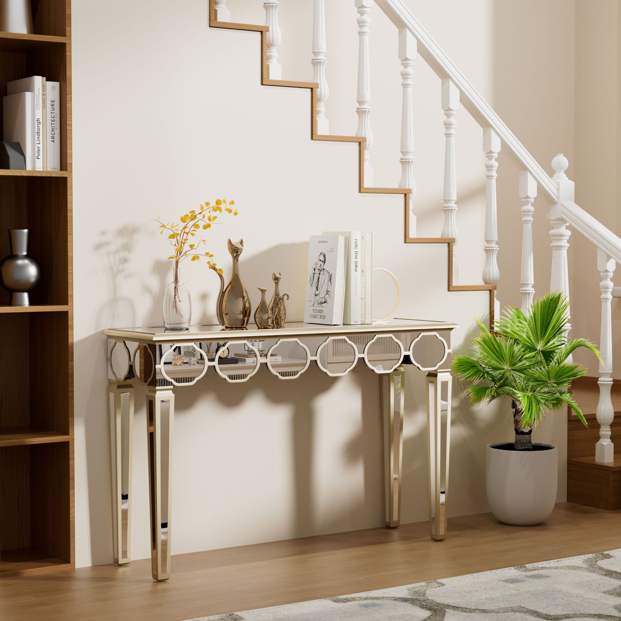 Rectangular Silver Mirrored Entryway Table with Gold Rim