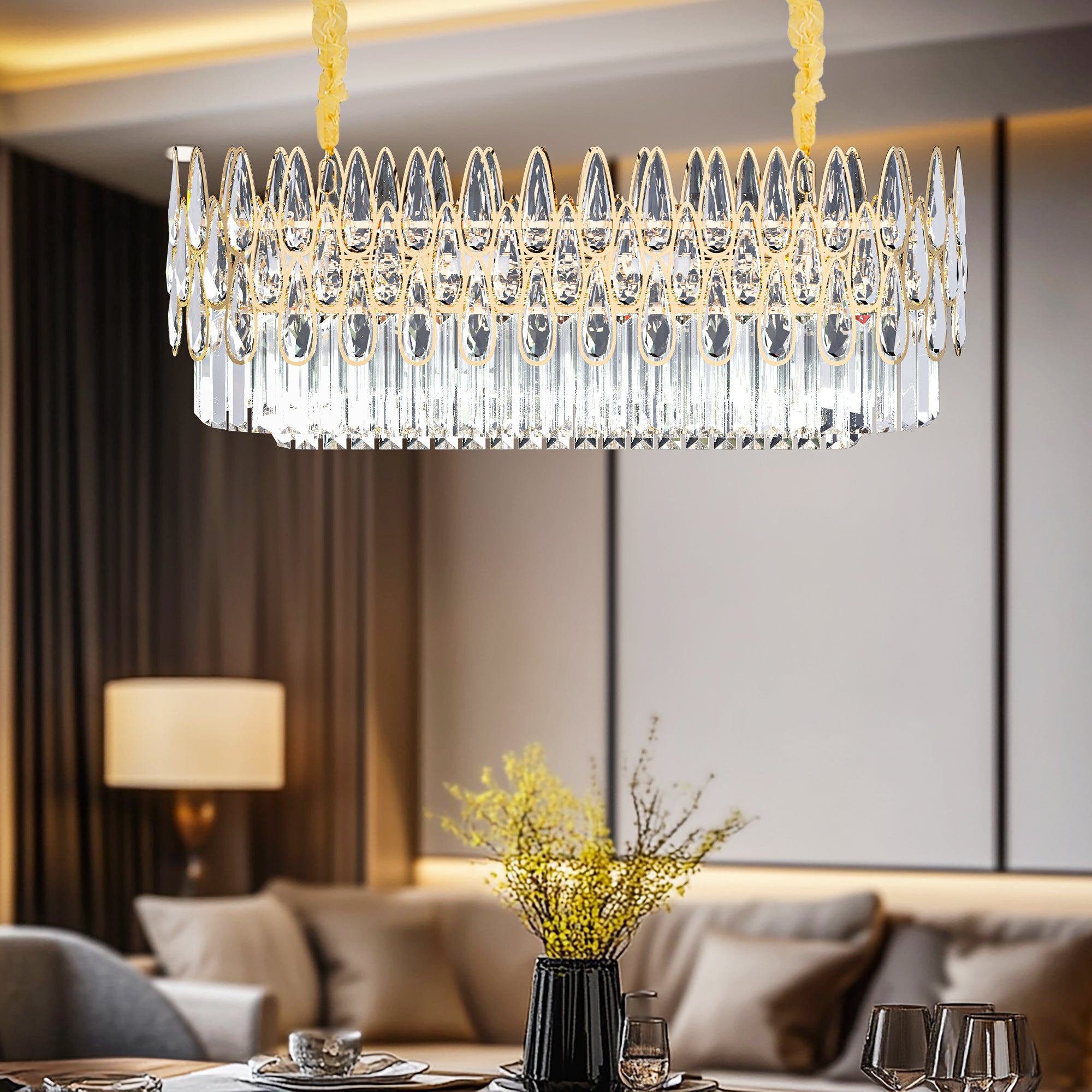 Rectangular Crystal Chandelier Pendant Lamp Light Fixtures w/ Raindrop Crystal