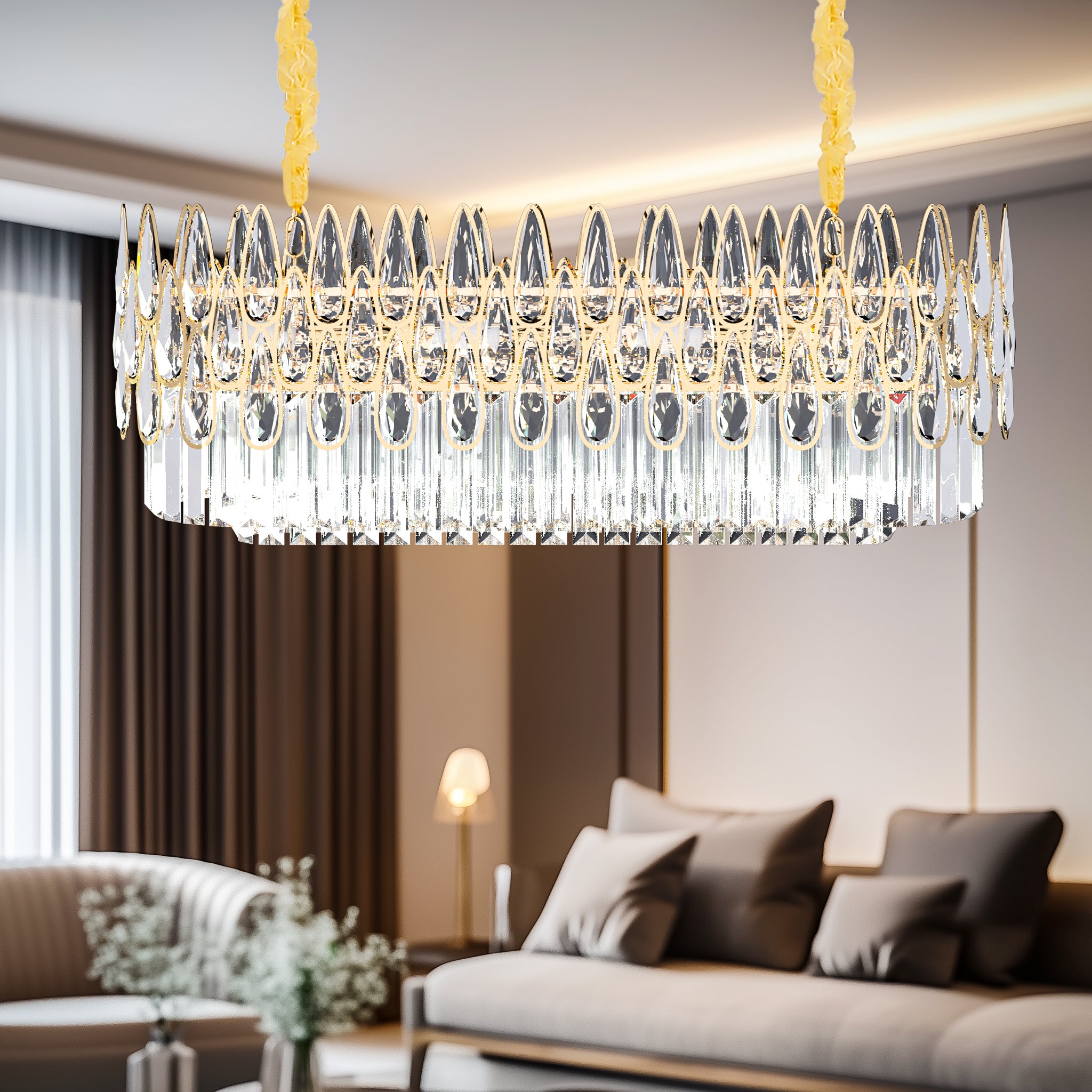 Rectangular Crystal Chandelier Pendant Lamp Light Fixtures w/ Raindrop Crystal