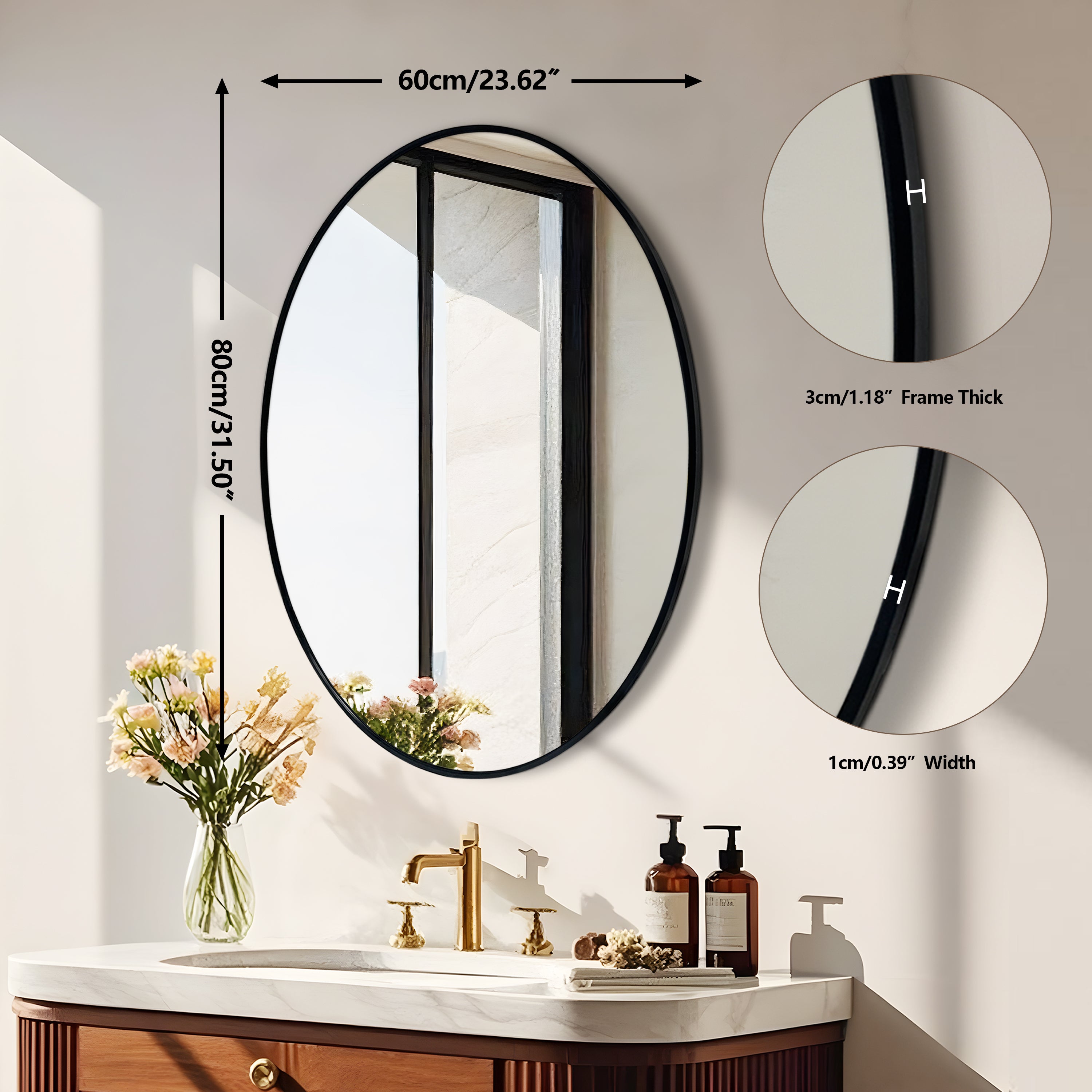 New Release Vertical Black Oval Wall Mirror Aluminum Frame Wall-mounted Hanging Mirror